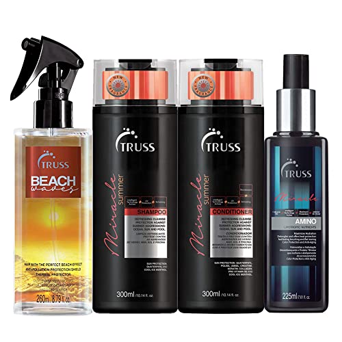Truss Beach Waves Texturizing Styling Spray Bundle with Miracle Summer Shampoo & Conditioner Set + Amino Heat Protectant Spray | Beachy Waves Hairstyle for Summer Vacation & Pool Parties