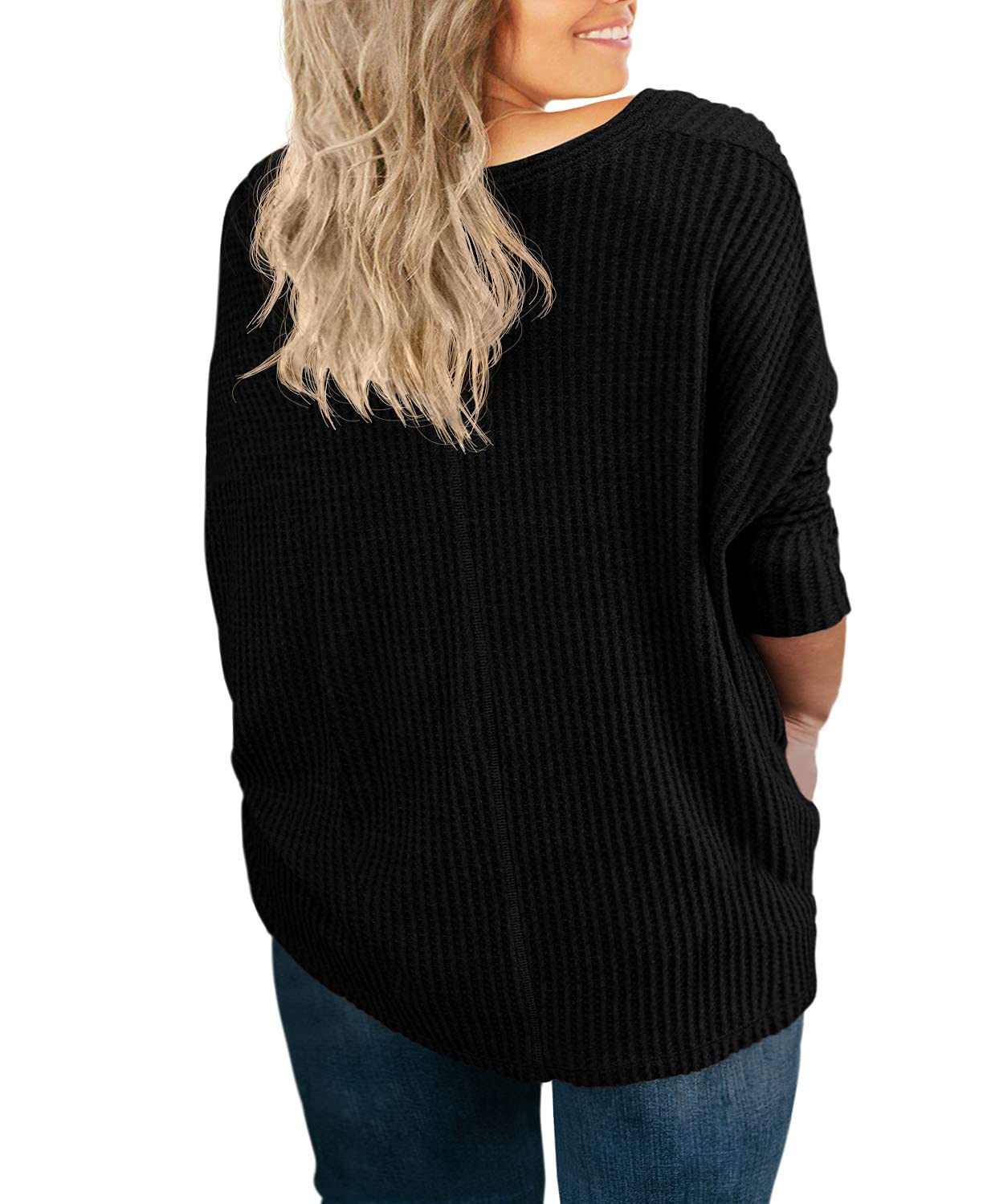 OLRIK Women's Plus Size V-Neck Tie Front Blouse - Long Sleeve Waffle Knit Tunic Top for Casual & Office Wear | Comfortable Button-Up Shirt for Work & Everyday Outfits