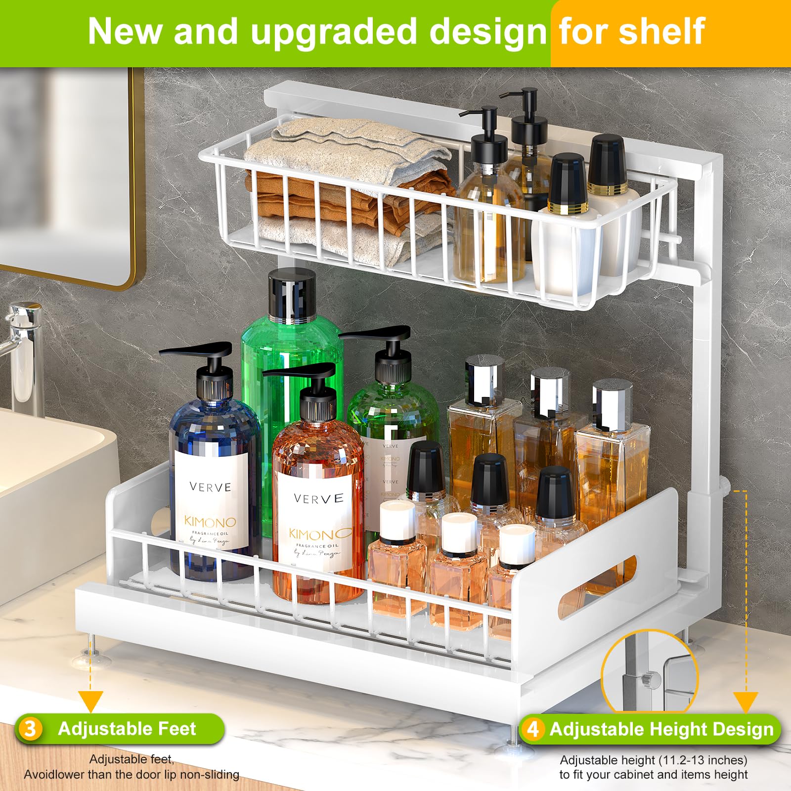 2 Pack Under Sink Organizer - Adjustable 2 Tier Pull Out Cabinet Shelf, Metal Slide Out Storage for Kitchen & Bathroom Organization (White) | Perfect for Maximizing Space Under Sink, Counter or Vanity