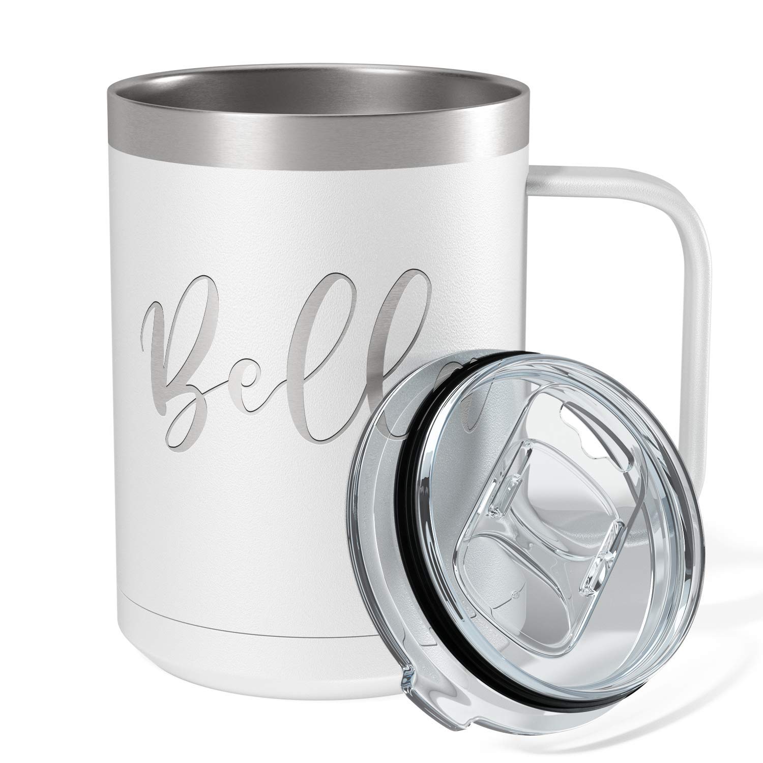 Custom Engraved 15 oz White Matte Stainless Steel Vacuum Insulated Coffee Mug - Personalized Gift with Handle for Office, Home & Travel Use