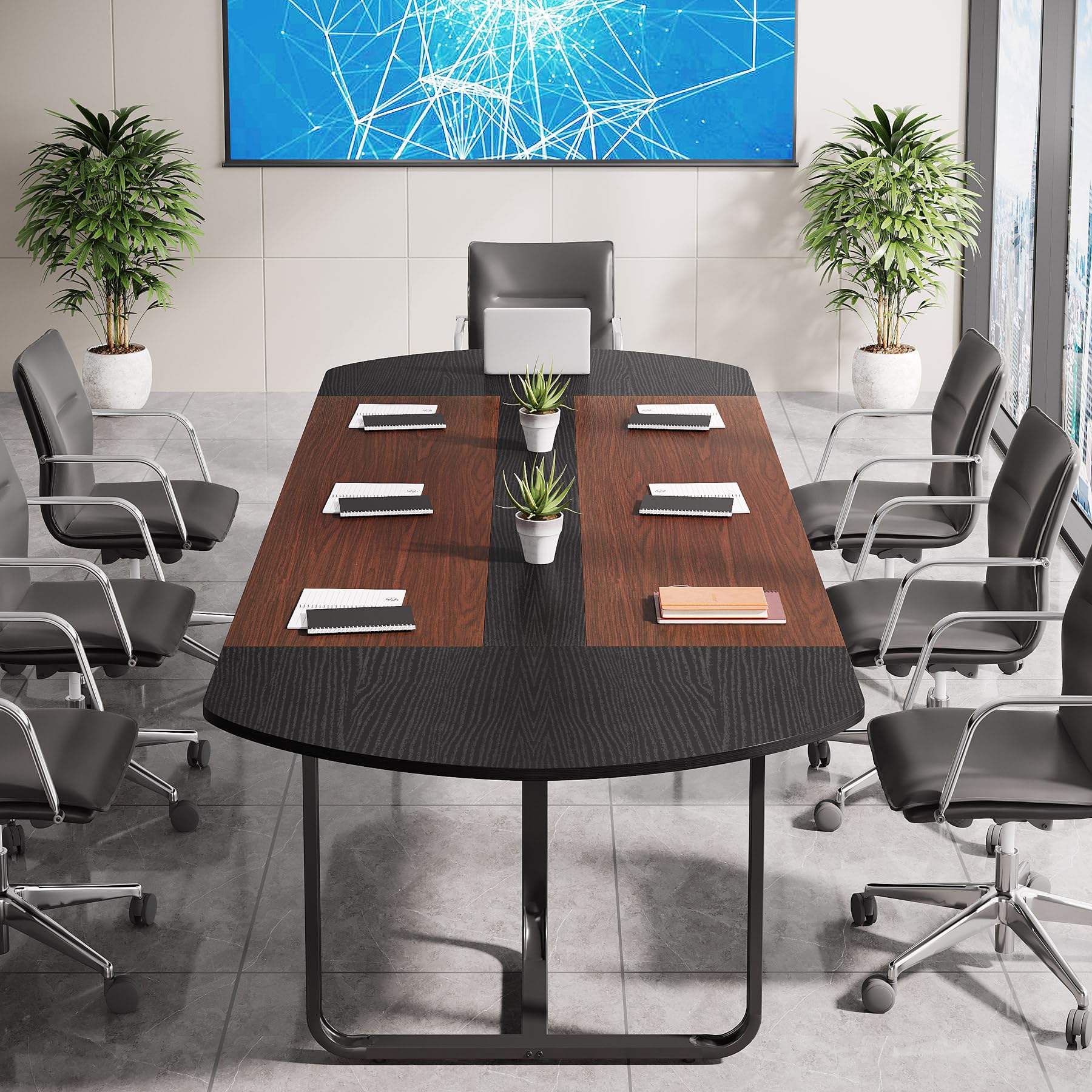 Tribesigns 6FT Modern Oval Conference Table - Walnut & Black Large Meeting Room Table for Office, Seminar & Team Collaboration | Perfect for Boardrooms, Training Sessions & Professional Workspaces