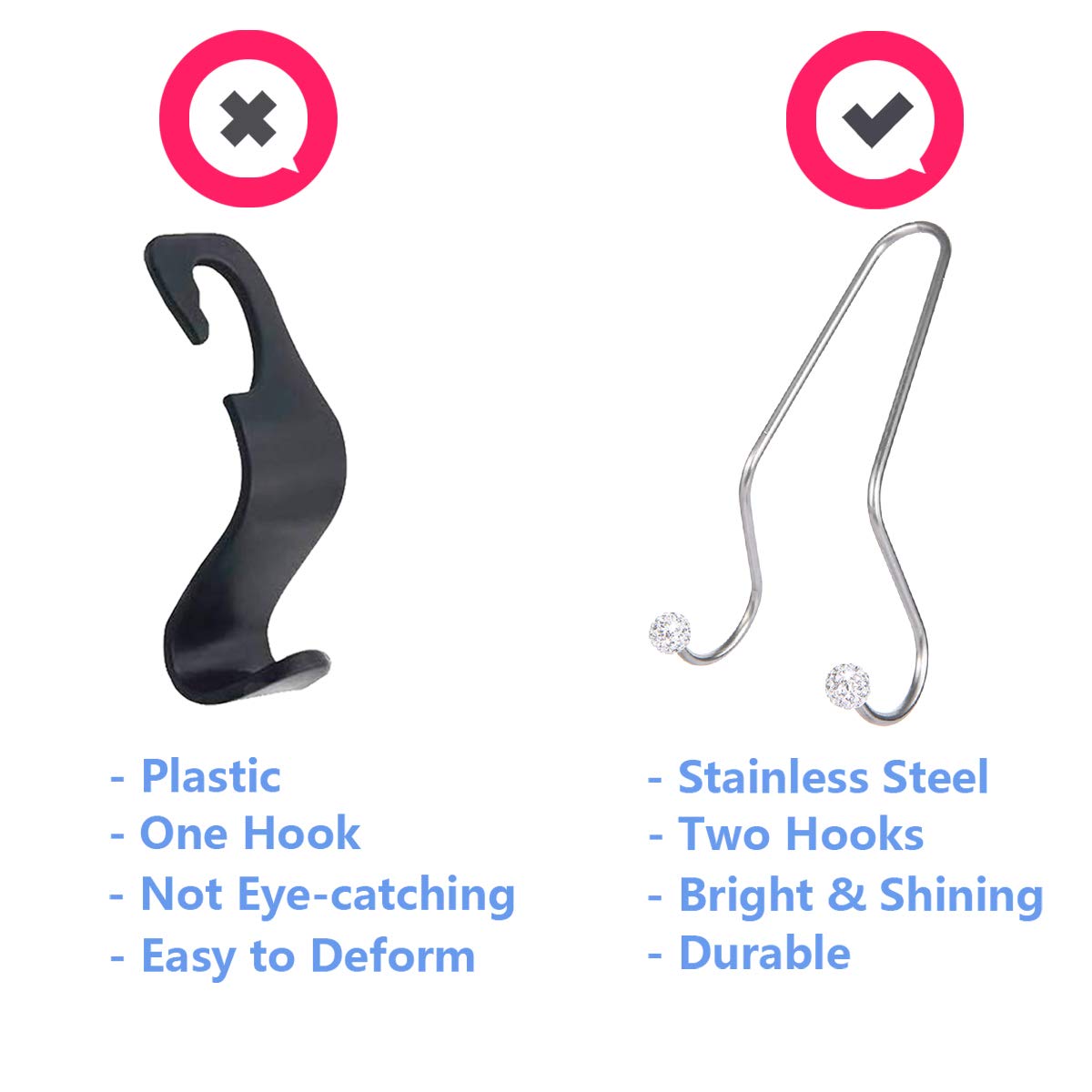 Rhinestone Car Seat Hooks - Universal Headrest Hangers for Bags, Coats & Organizers | Durable Auto Backseat Storage Hooks (White) | Perfect for Road Trips, Shopping & Daily Commute