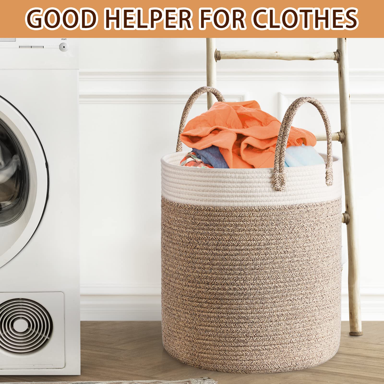 Tesmien Foldable Woven Laundry Basket & Toy Storage Organizer - Large Cotton Rope Hamper with Handles for Nursery, Baby Room Decor (35x40cm, Khaki+White) - Perfect for Kids' Toys, Blankets & Clothes Storage