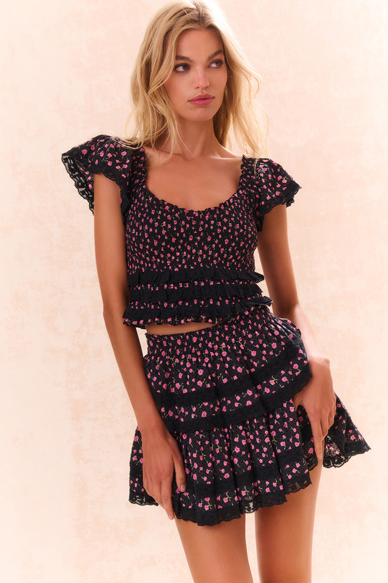 Ruffle Mini Skirt with Floral Lace Trim - Women's Flirty Summer Skirt for Date Night & Beach Vacations