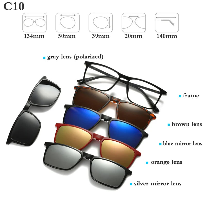 Belmon Unisex Square Eyeglasses with 5 Clip-On Sunglasses - Lightweight Blue Light Blocking Glasses for Men & Women - Perfect for Reading, Driving, and Outdoor Activities (RS159)