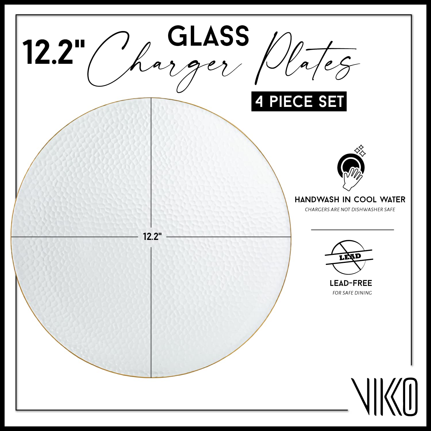 Vikko 13 Inch Hammered Clear Glass Dinner Plate Charger with Gold Rim - Set of 4 Elegant Place Setting Chargers for Wedding, Party, and Formal Dining Decor