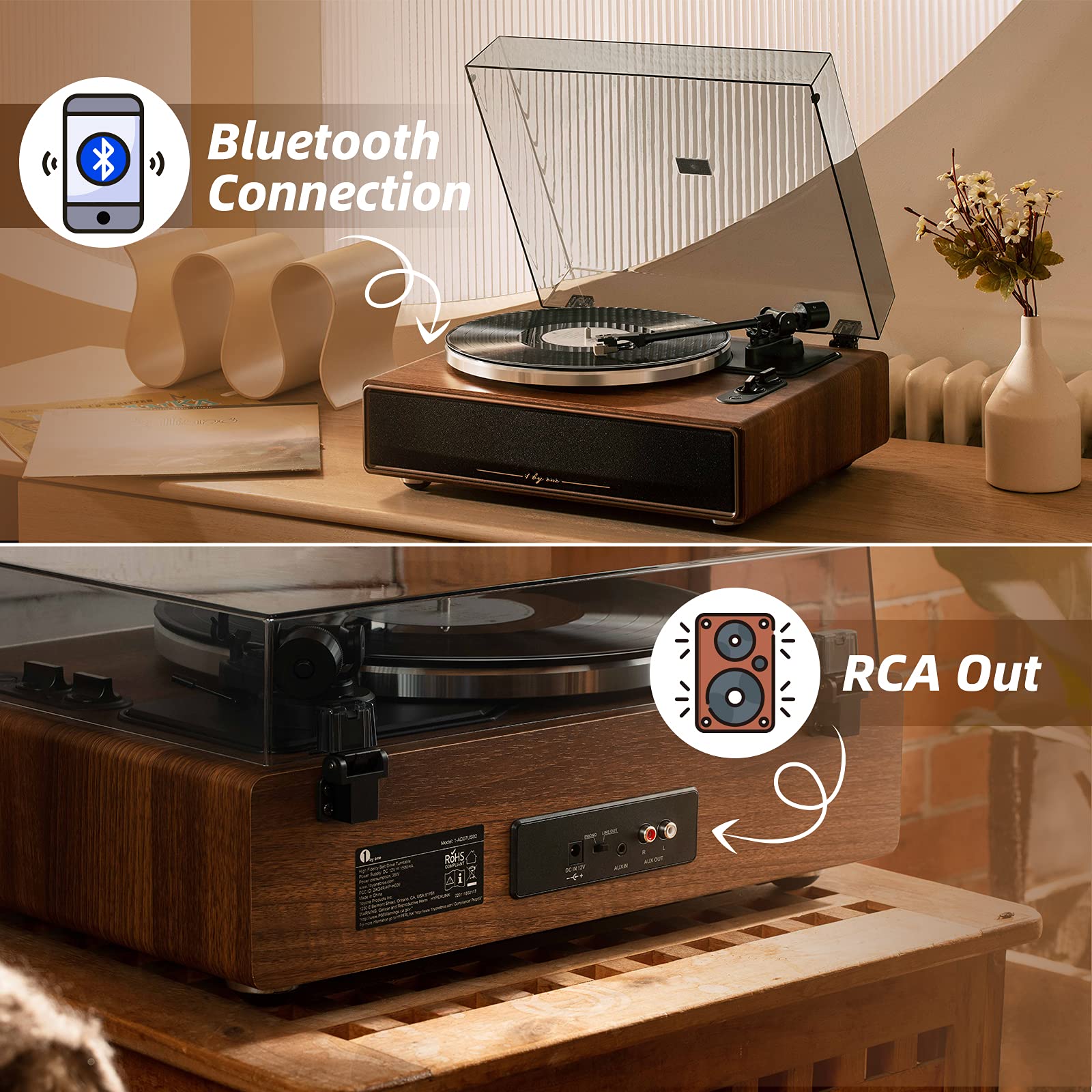 1 by ONE High Fidelity Belt Drive Turntable with Built-in Speakers & Bluetooth - Magnetic Cartridge, Built-in Preamp, Adjustable Counterweight - Perfect for Vinyl Lovers, Home Entertainment & Music Enthusiasts