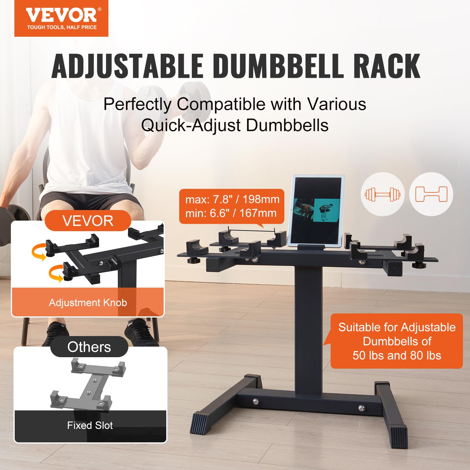 VEVOR Adjustable Dumbbell Stand - 160 lbs Capacity Home Gym Rack with Media Shelf | Compact & Safe Weight Holder for Dumbbells | Perfect for Strength Training, Home Workouts & Space-Saving Fitness Storage