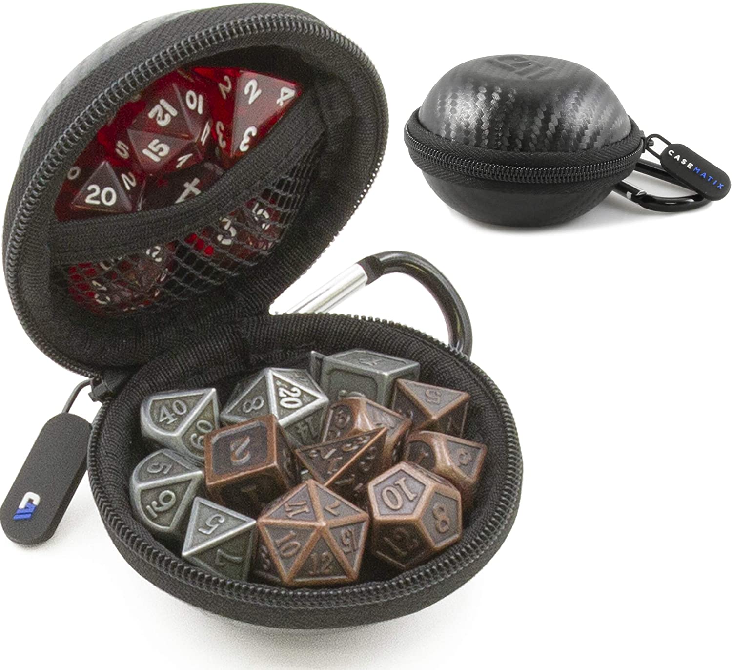 CASEMATIX Ultra Compact Travel Dice Case - Durable Dice Holder for 21 RPG Dice with Non-Scratch Interior & Metal Carabiner - Perfect for D&D, MTG, Board Games & Travel