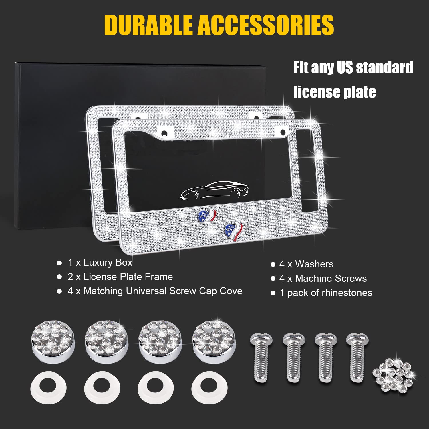 Sparkly Rhinestone Bling License Plate Frames for Women - 2PCs Heart-Shaped Bedazzled Car Plate Covers with Gift Box (USA Design) | Perfect for Car Decoration, Birthday Gifts & Customizing Your Vehicle