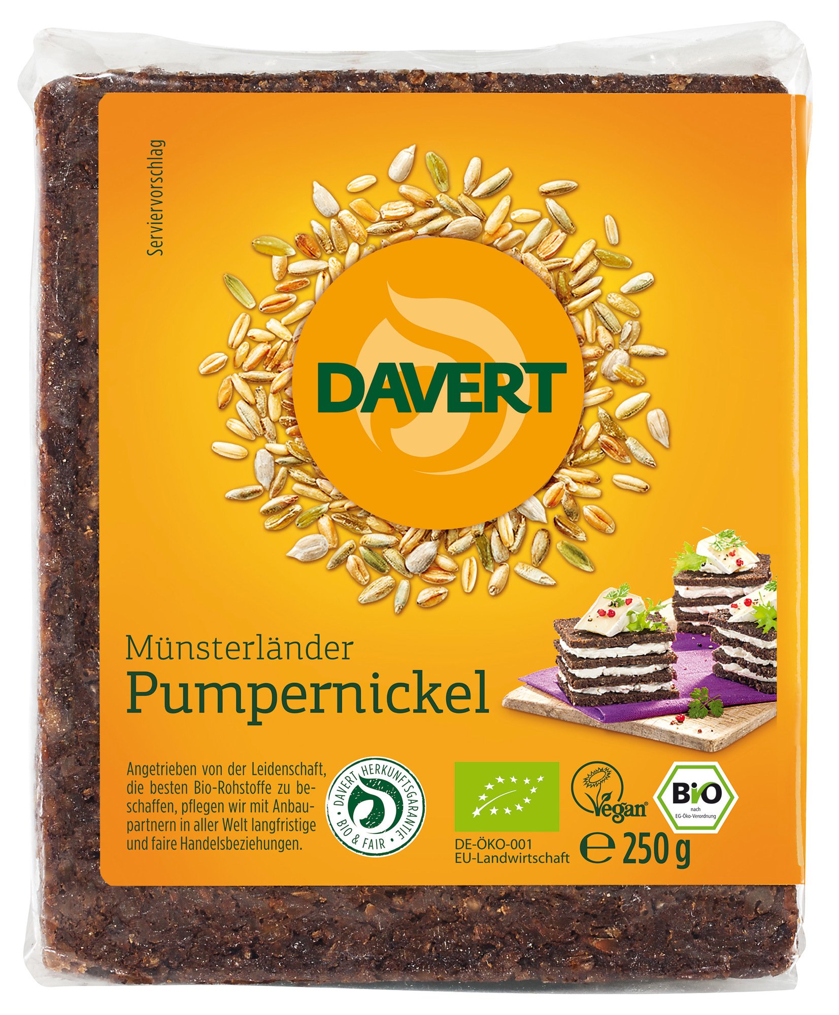 Organic Davert Pumpernickel Bread - 250g Whole Grain Rye Bread | Healthy Snack for Breakfast, Lunch Box & Low-Carb Diet