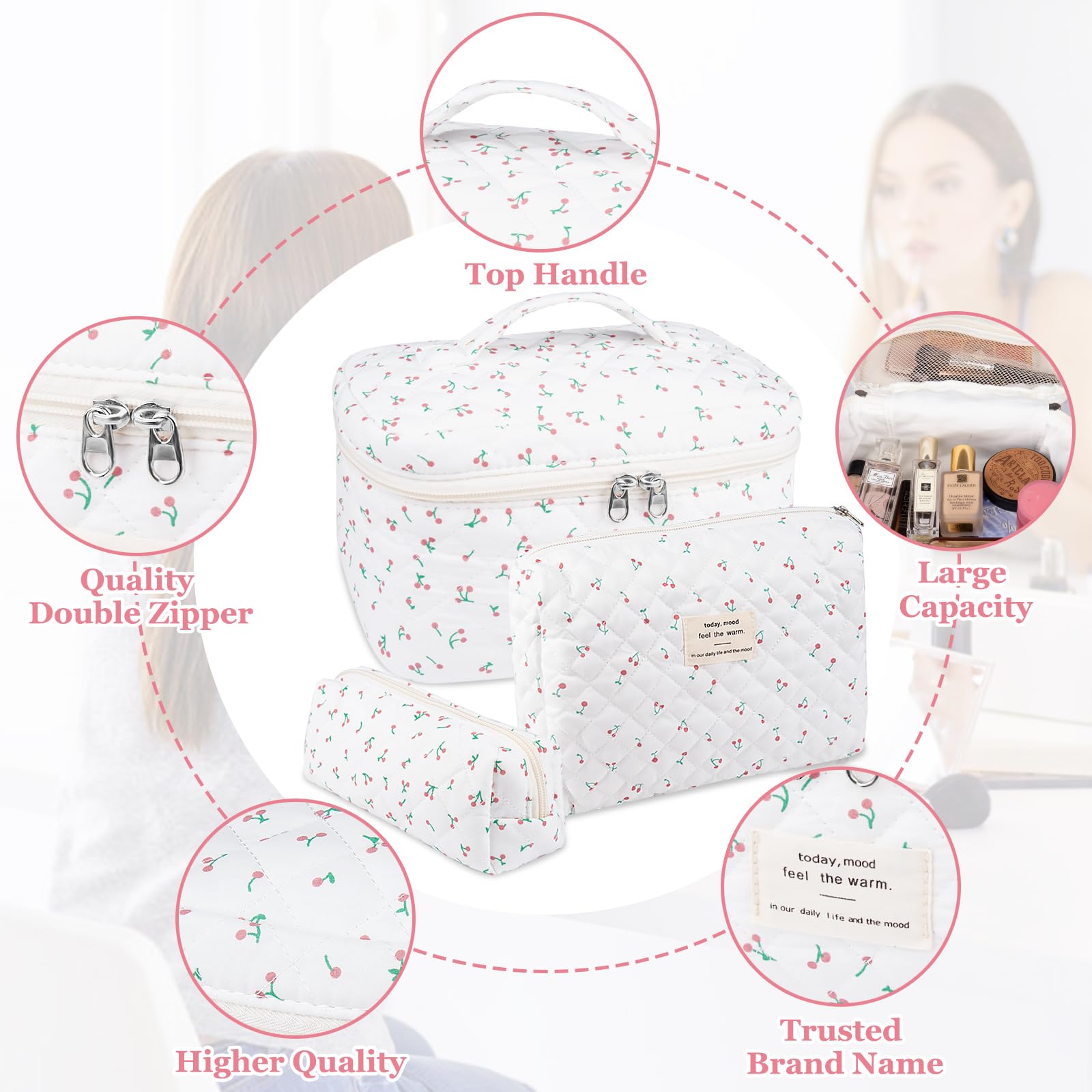 3PC Quilted Makeup Bag Set for Women - Large Floral Cosmetic Organizer, Cute Cotton Travel Toiletry Bags with Flower Design (White Cherry) | Perfect for Travel, Gym, and Daily Beauty Storage