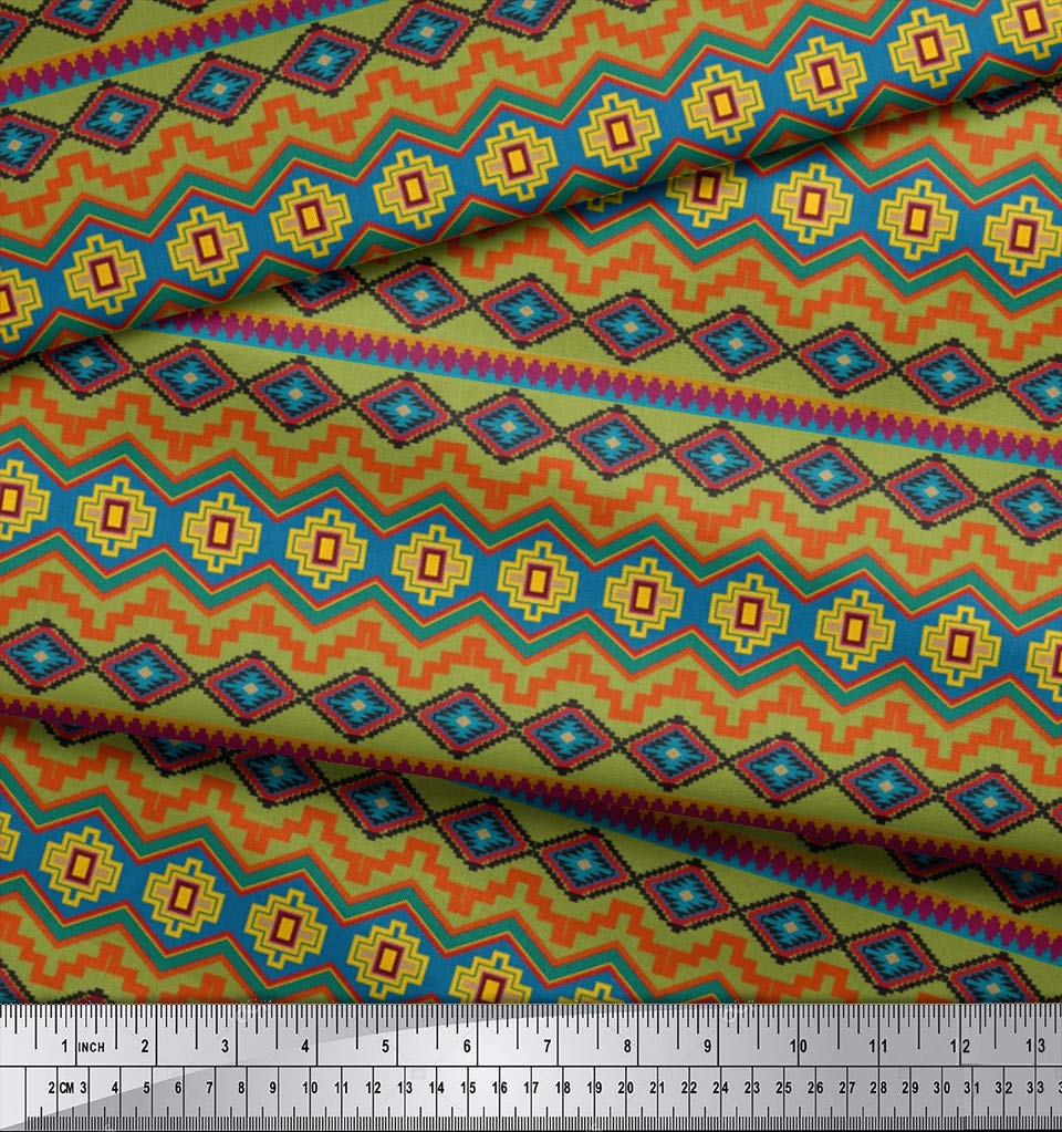 Soimoi Moss Green Georgette Fabric by The Yard - 42 Inch Wide Aztec Geometric Printed Material - Tribal Contemporary Fusion for Dresses, Curtains & Home Decor | Fashion & DIY Craft Projects