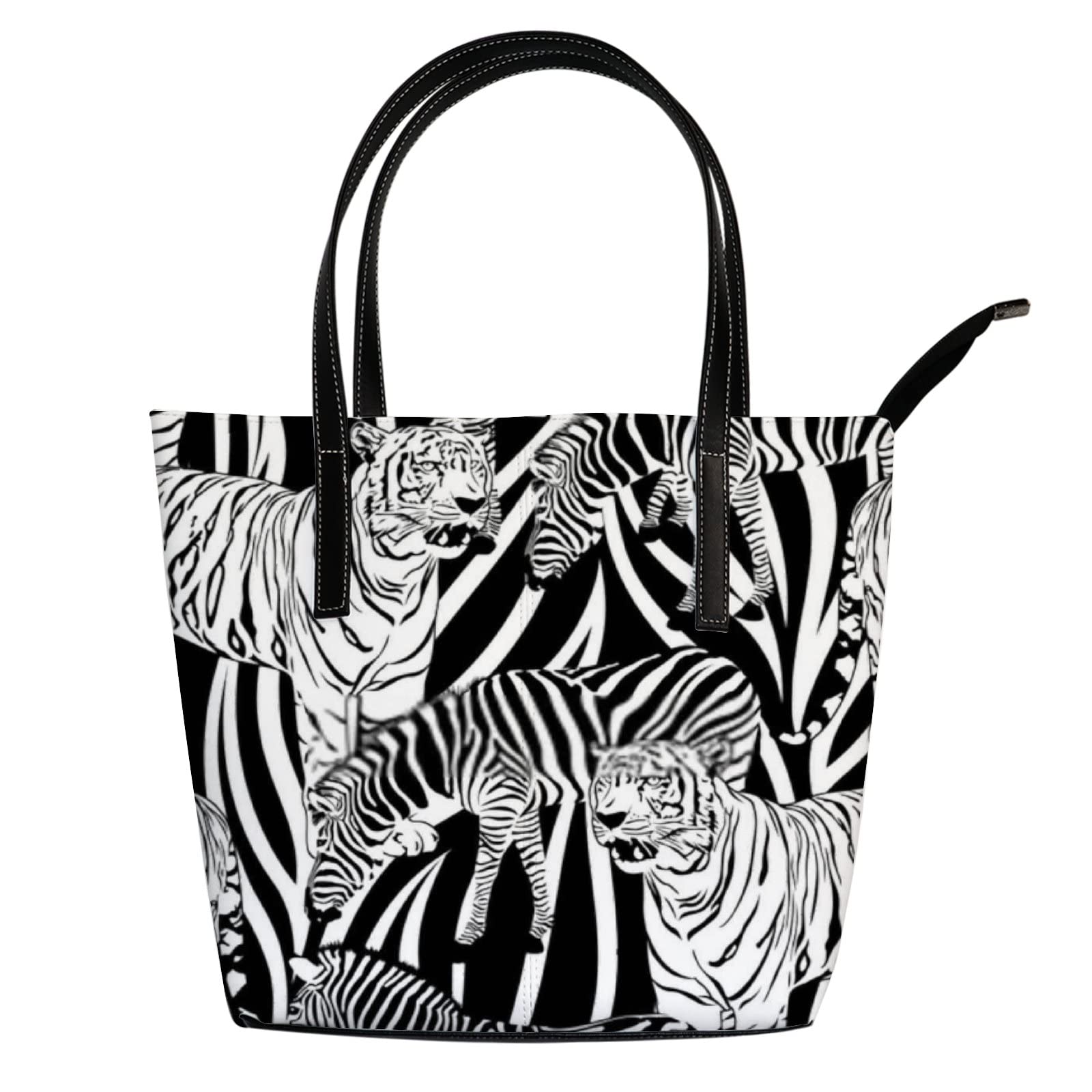 Stylish Black & White Tiger Zebra Print Leather Tote Bag for Women - Fashionable Crossbody Work Bag with Secure Zipper Closure | Perfect for Office, Travel & Daily Use