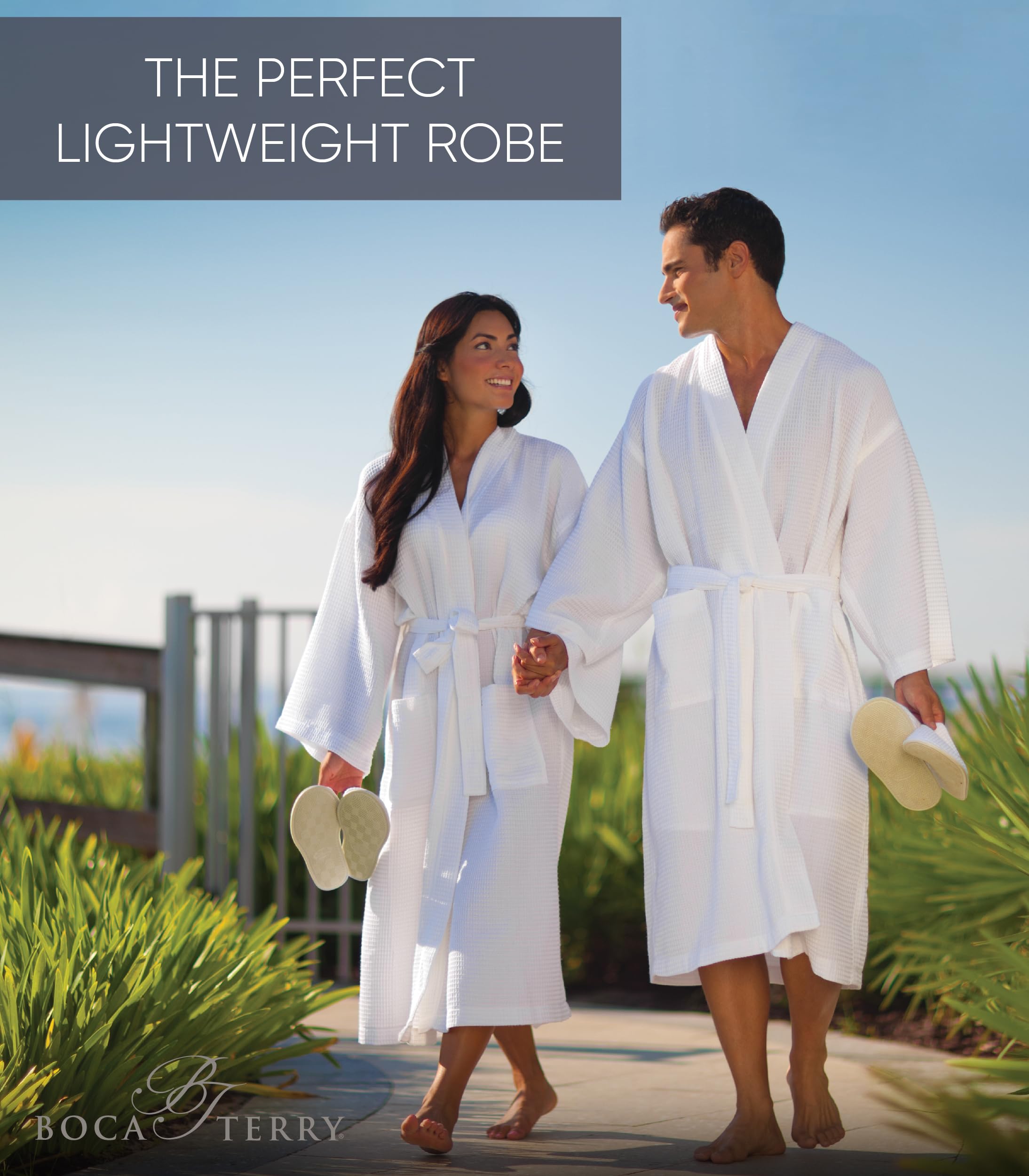 BOCA TERRY Men's Waffle Knit Spa Robe - Lightweight Long Cotton Kimono Bathrobe for Hotel & Home Relaxation, Lounge Wear, Spa Days and Cozy Evenings
