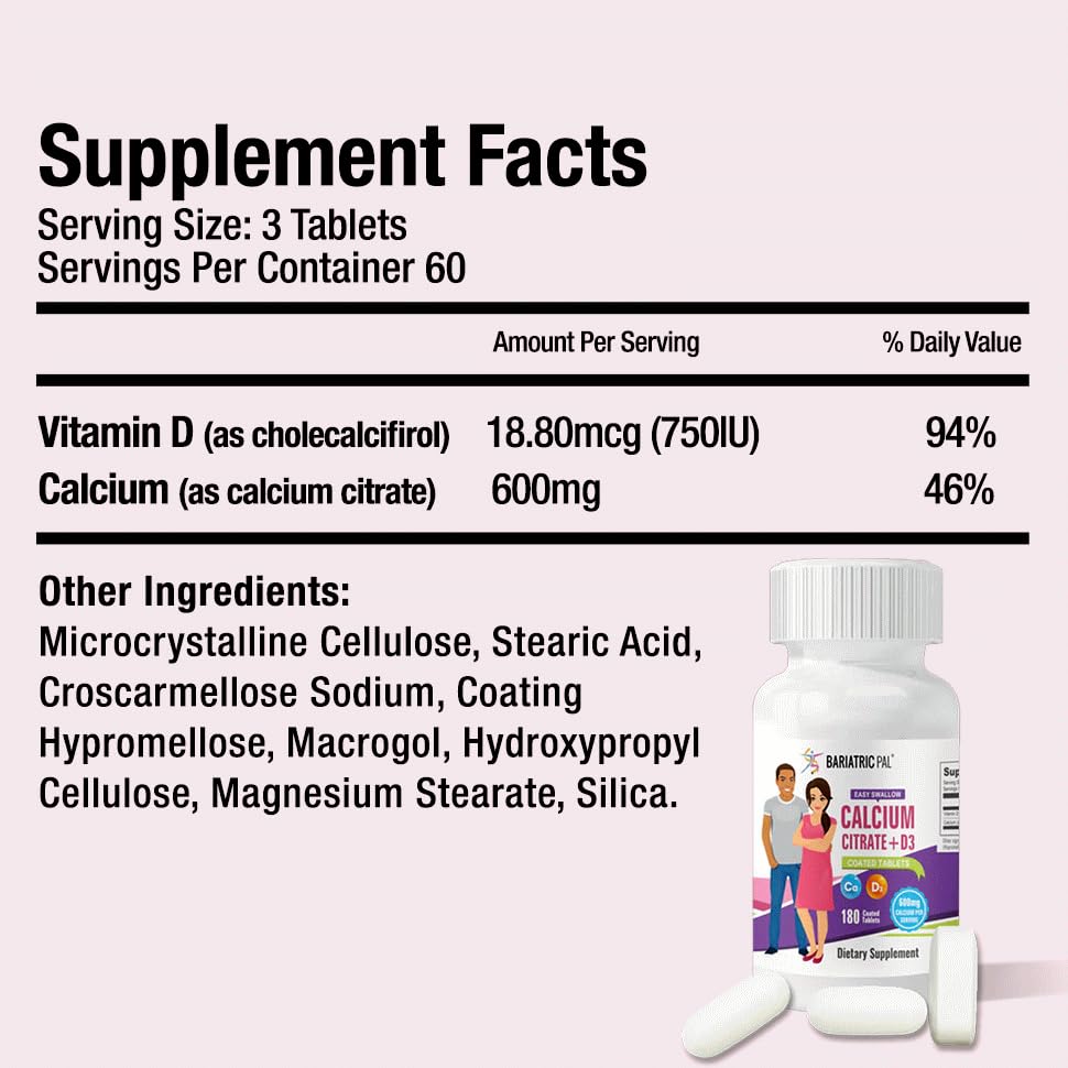 BariatricPal Easy Swallow Calcium Citrate 600mg with Vitamin D3 - 180 Coated Tablets (6 Month Supply) for Strong Bones & Joint Support - Ideal for Seniors, Post-Surgery Recovery & Weight Loss Patients