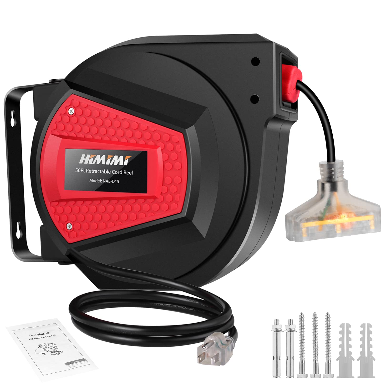 Himimi 50FT Retractable Extension Cord Reel with 3-Lighted Outlets - 14AWG/3C Heavy Duty Power Cord for Garage, Workshop, Home & Outdoor Use - Wall/Ceiling Mountable, UL Listed, 13A Circuit Breaker - Perfect for Power Tools, Holiday Lights & RV Camping