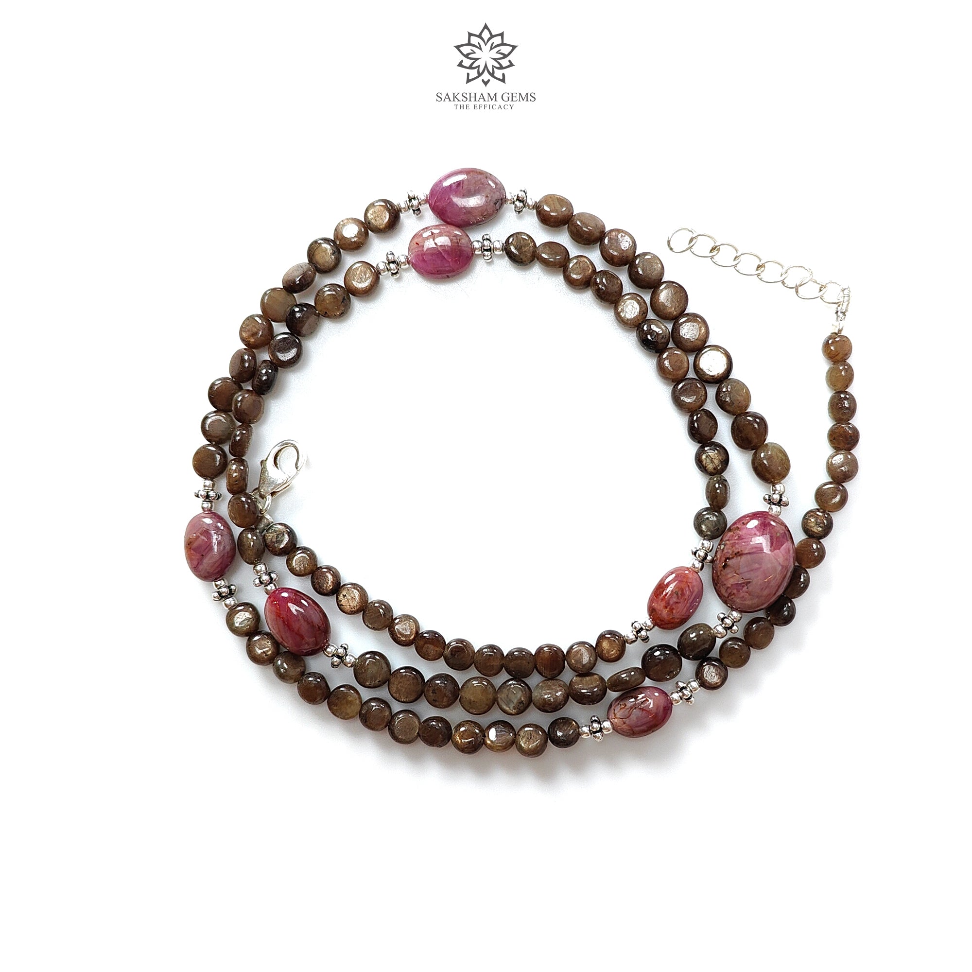 Natural Golden Sapphire Gemstone Beads Necklace - 83.50cts Untreated Star Ruby in Round & Oval Shapes - 925 Sterling Silver 4mm & 5mm - Elegant Jewelry for Women, Gift for Birthday, Anniversary & Special Occasions