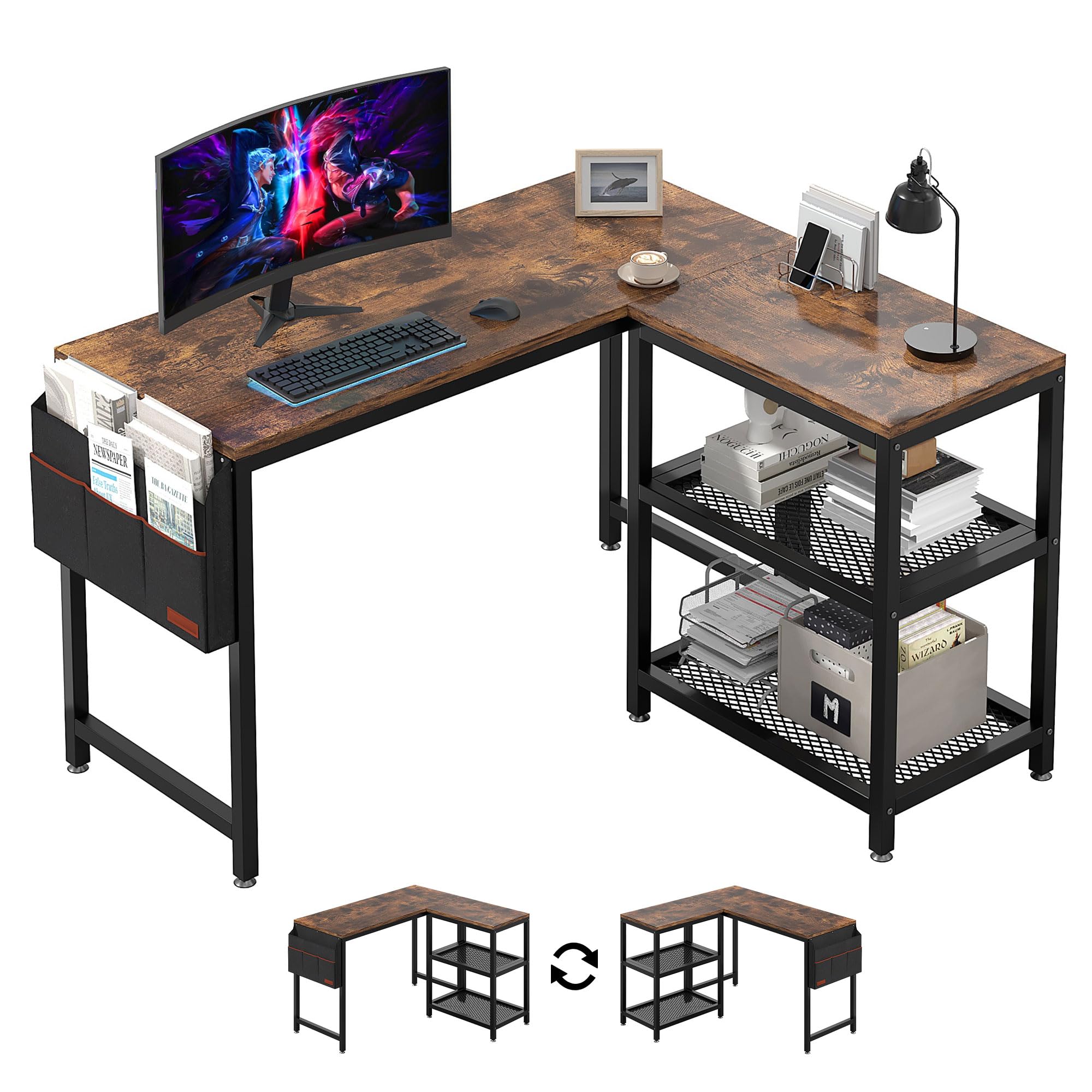 VECELO 49 Inch L-Shaped Computer Desk for Gaming, Study & Home Office - Ergonomic Writing Workstation with Storage Shelves & Bag - Perfect for Small Spaces & Multi-Monitor Setups