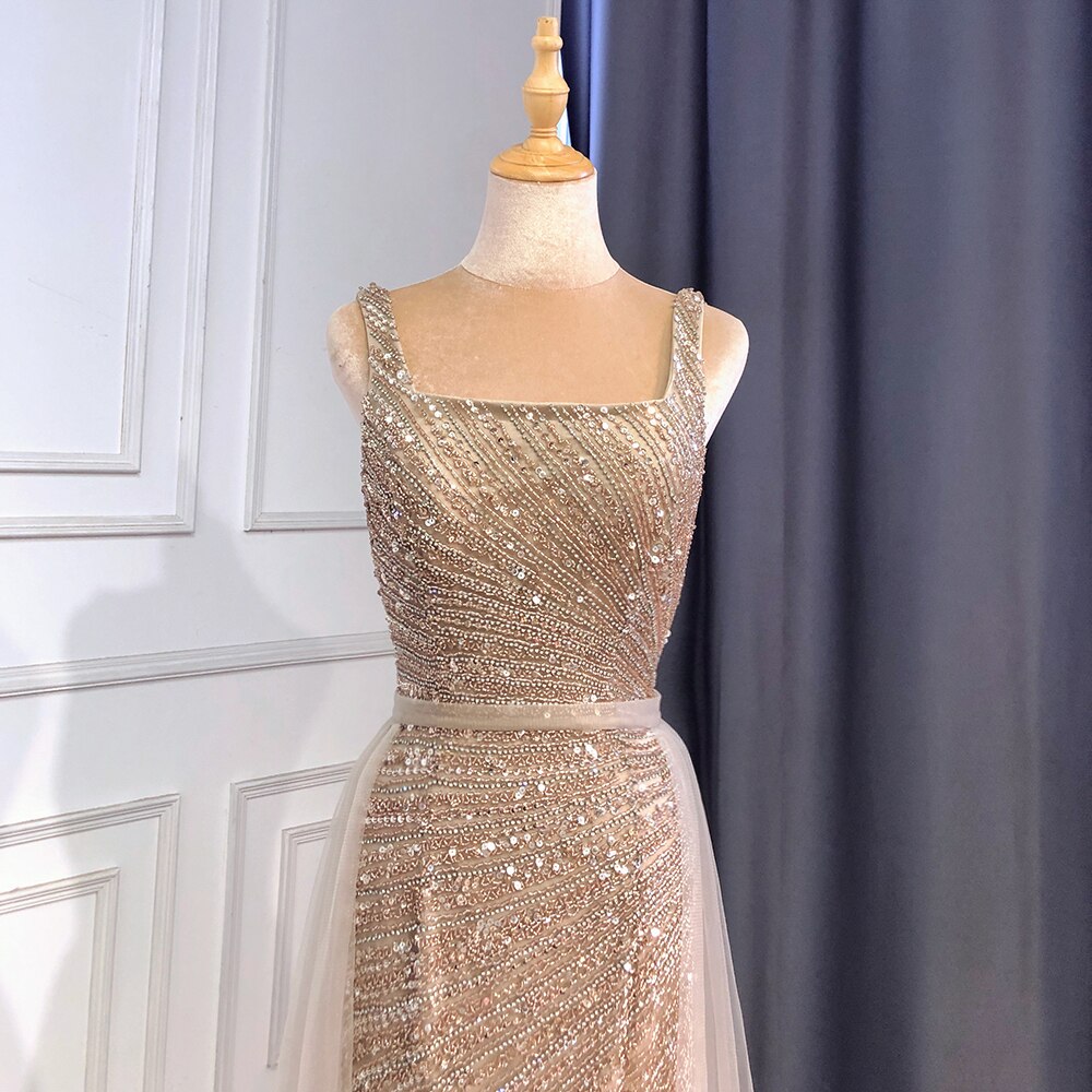 Elegant Silver Mermaid Evening Gown with Detachable Beaded Skirt - Luxury Arabic Party Dress for Women 2025 | Perfect for Weddings, Galas & Formal Events