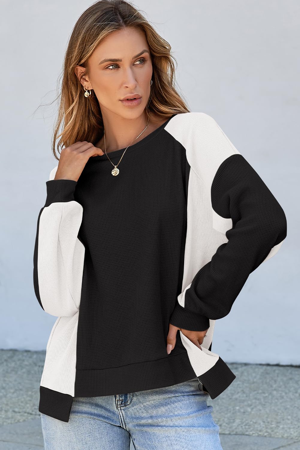 Women's Oversized Waffle Knit Color Block Crewneck Sweatshirt - Casual Long Sleeve High-Low Pullover Top | Perfect for Lounge Wear, Fall Outfits & Street Style Fashion