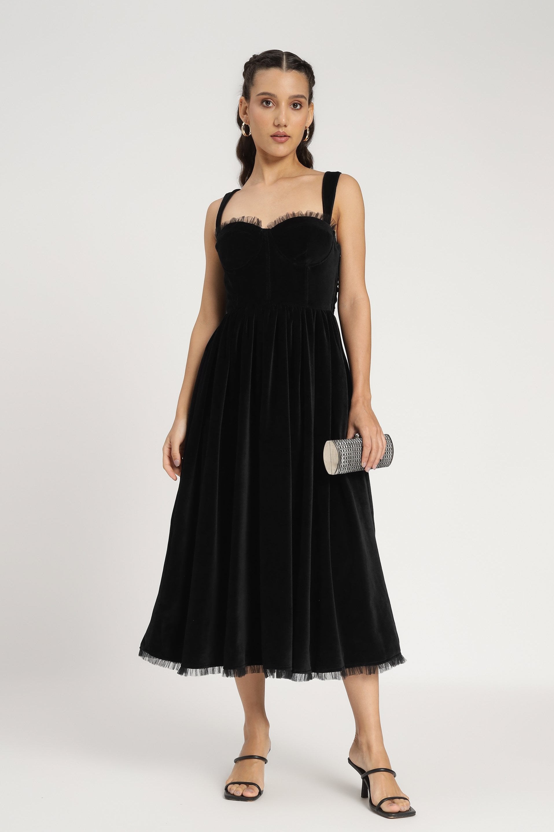 Dune Black Velvet Midi Dress for Women - Elegant Party & Evening Wear - Perfect for Weddings, Cocktail Parties & Date Nights