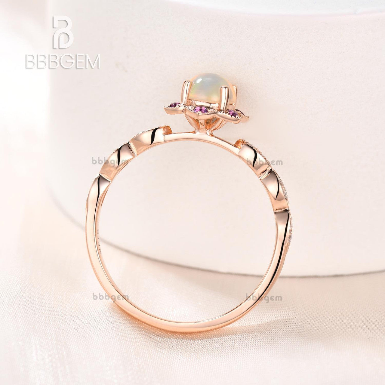 0.5 Carat Round Cut Opal & Amethyst Halo Engagement Ring in Rose Gold - Elegant Dainty Jewelry for Wedding, Proposal & Anniversary Gifts