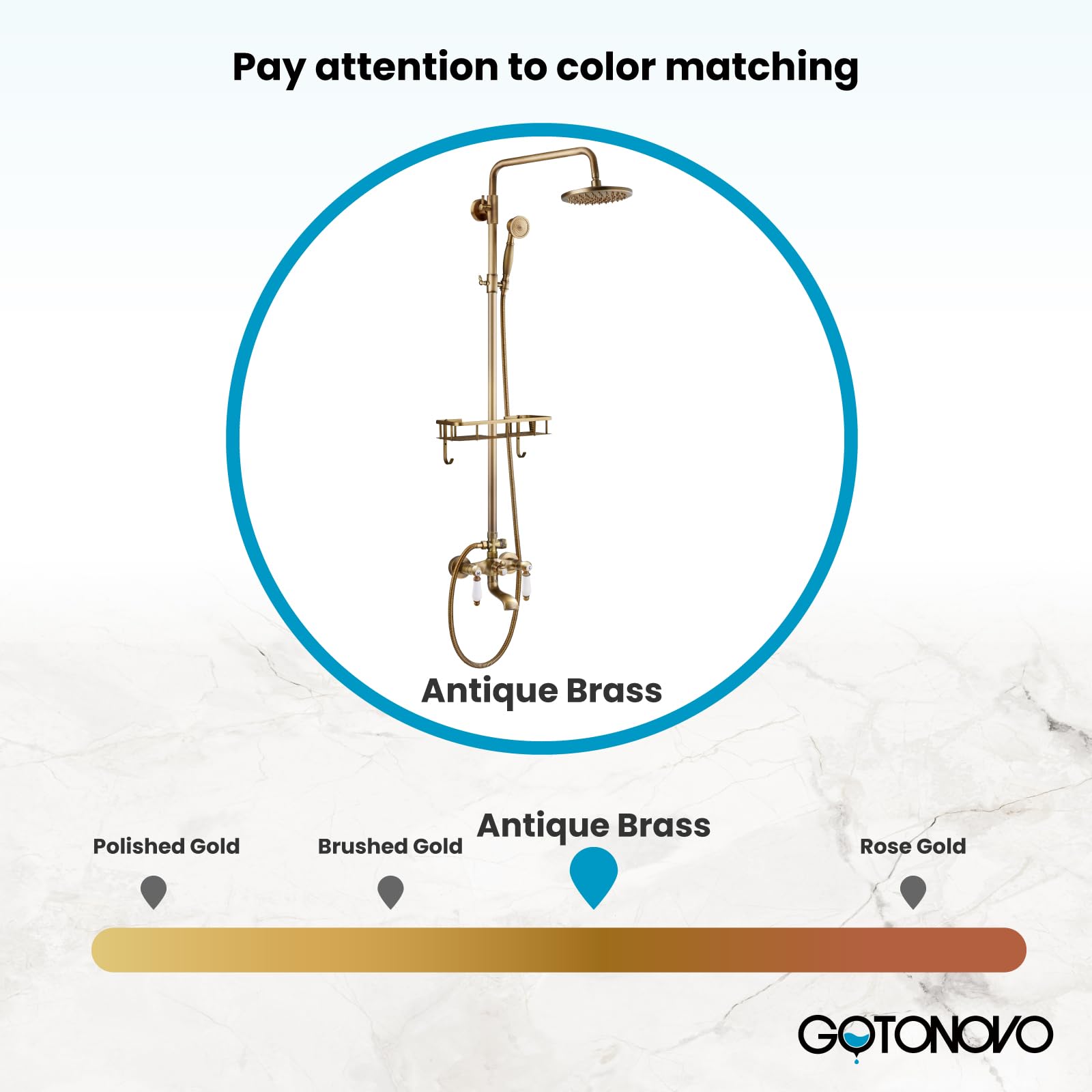 Gotonovo 8 Inch Rainfall Shower System - Antique Brass Wall Mounted Tub Shower Faucet Set with Handheld Sprayer, Shower Shelf & Tub Spout | Modern Bathroom Upgrade for Spa-Like Experience