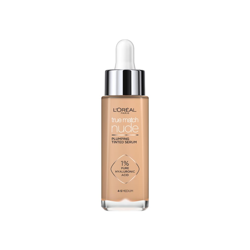 L'Oreal Paris True Match Tinted Serum Foundation with 1% Hyaluronic Acid - Hydrating & Plumping Formula for Natural Glow - Medium Shade 4-5 (30ml) - Perfect for Daily Wear & Special Occasions