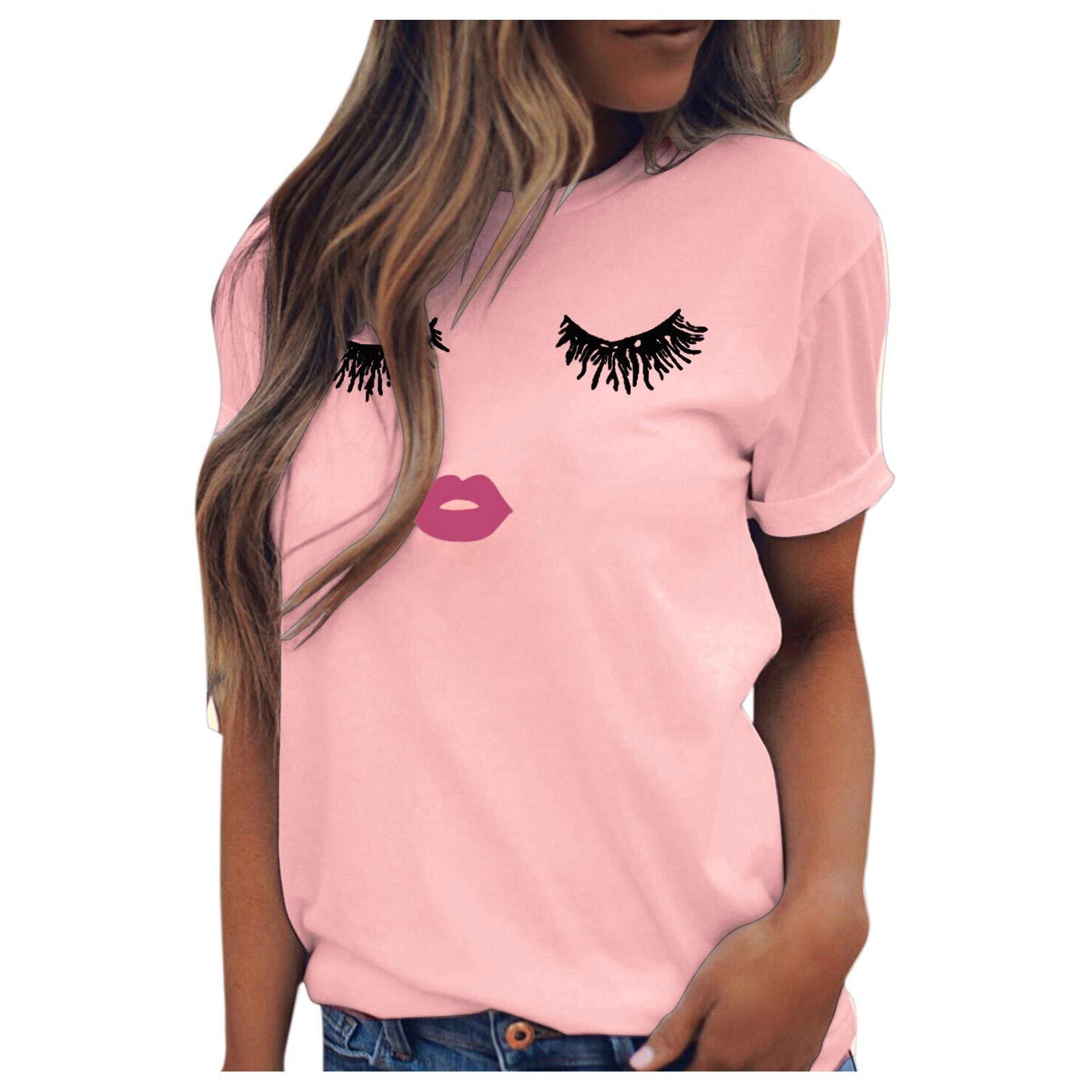 Funny Eyelash Lip Print Short Sleeve Graphic Tee - Summer Casual T-Shirt for Women, Plus Size Blouse - Perfect for Beach Outings, Parties & Everyday Wear