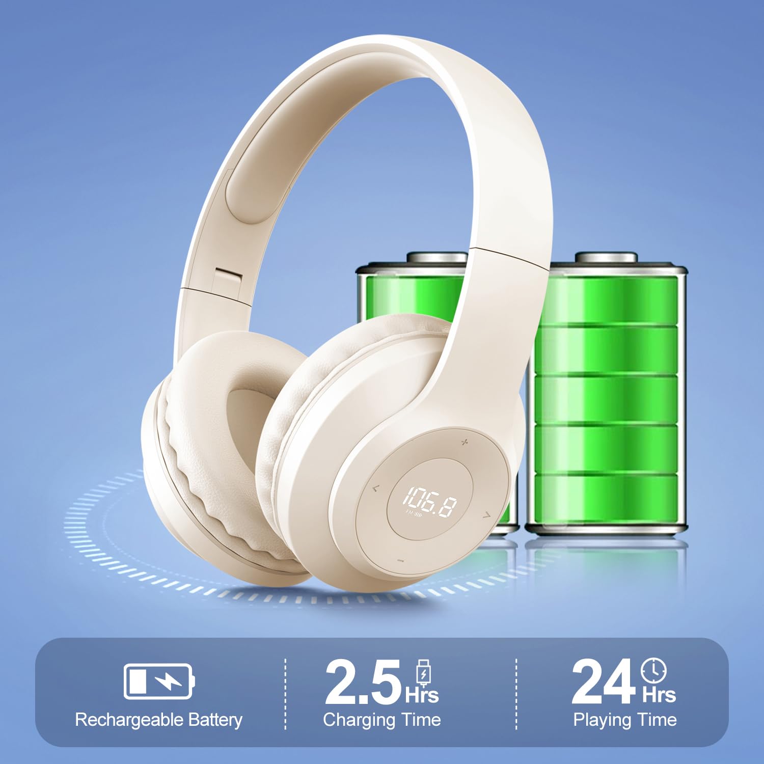 X5 Rechargeable FM Radio Headphones - Portable Wireless Headset with LED Display, Soft Ear Cushions & Strong Reception - Ideal for Meetings, Work, Hiking, Jogging & Outdoor Activities (Beige)