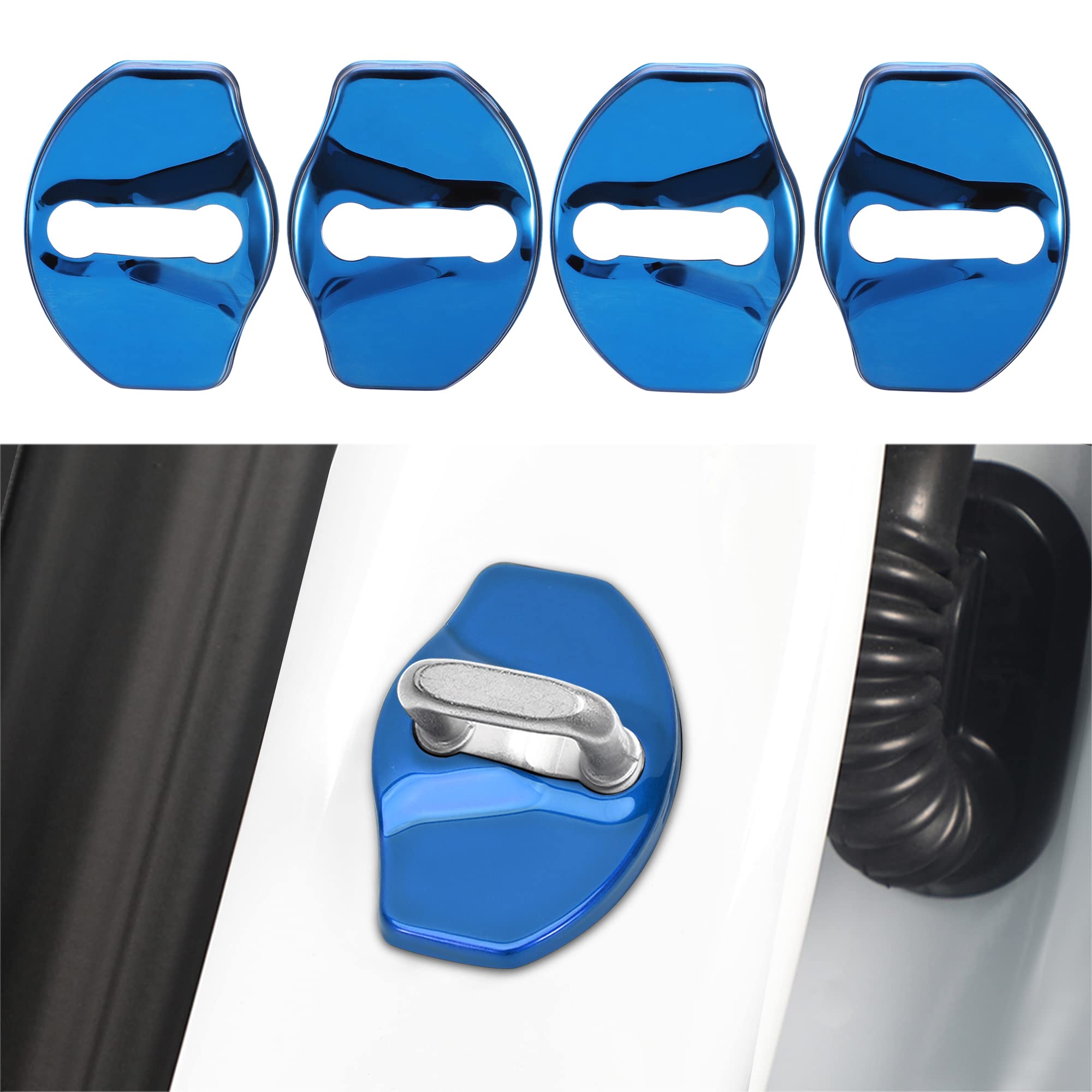TOMALL 4pcs Stainless Steel Car Door Lock Latches Cover for Tesla Model 3 & Model Y - Sports Style Lock Protector Accessories (Blue) | Weatherproof Protection & Enhanced Style for Electric Vehicles