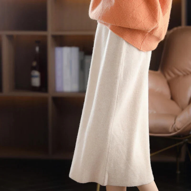 100% Pure Wool Knit Long Skirt for Women - High Waist A-Line Winter Skirt with Cashmere Blend | Korean Style Thick Warm Skirt for Casual Wear, Office & Holiday Outfits