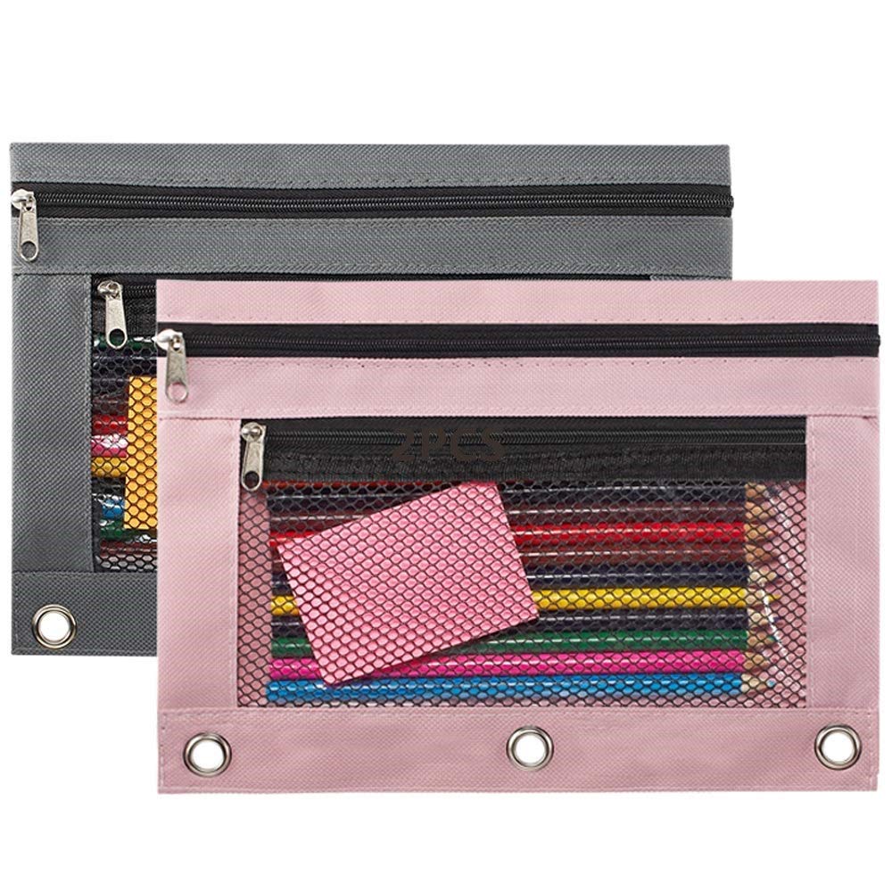 Dual Zipper Pencil Pouch with 2 Pockets - Heavy Duty 3-Ring Binder Pencil Case with Reinforced Rivets & Clear Mesh Window - Waterproof School & Office Supplies Organizer (2 Pack, Grey & Pink) - Perfect for Backpacks, Lockers & Desk Organization