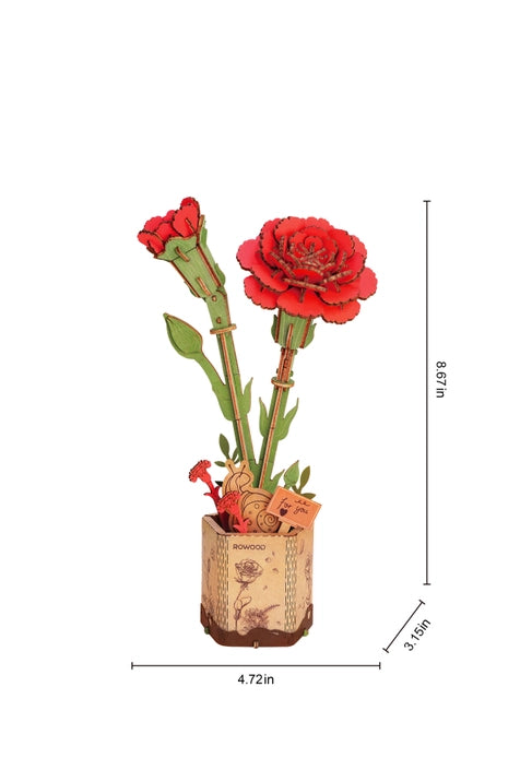 3D Wooden Flower Puzzle Kit - DIY Red Carnation Model for Adults & Teens - Home Decor, Gift Idea, Relaxing Craft Project for Stress Relief & Mindfulness