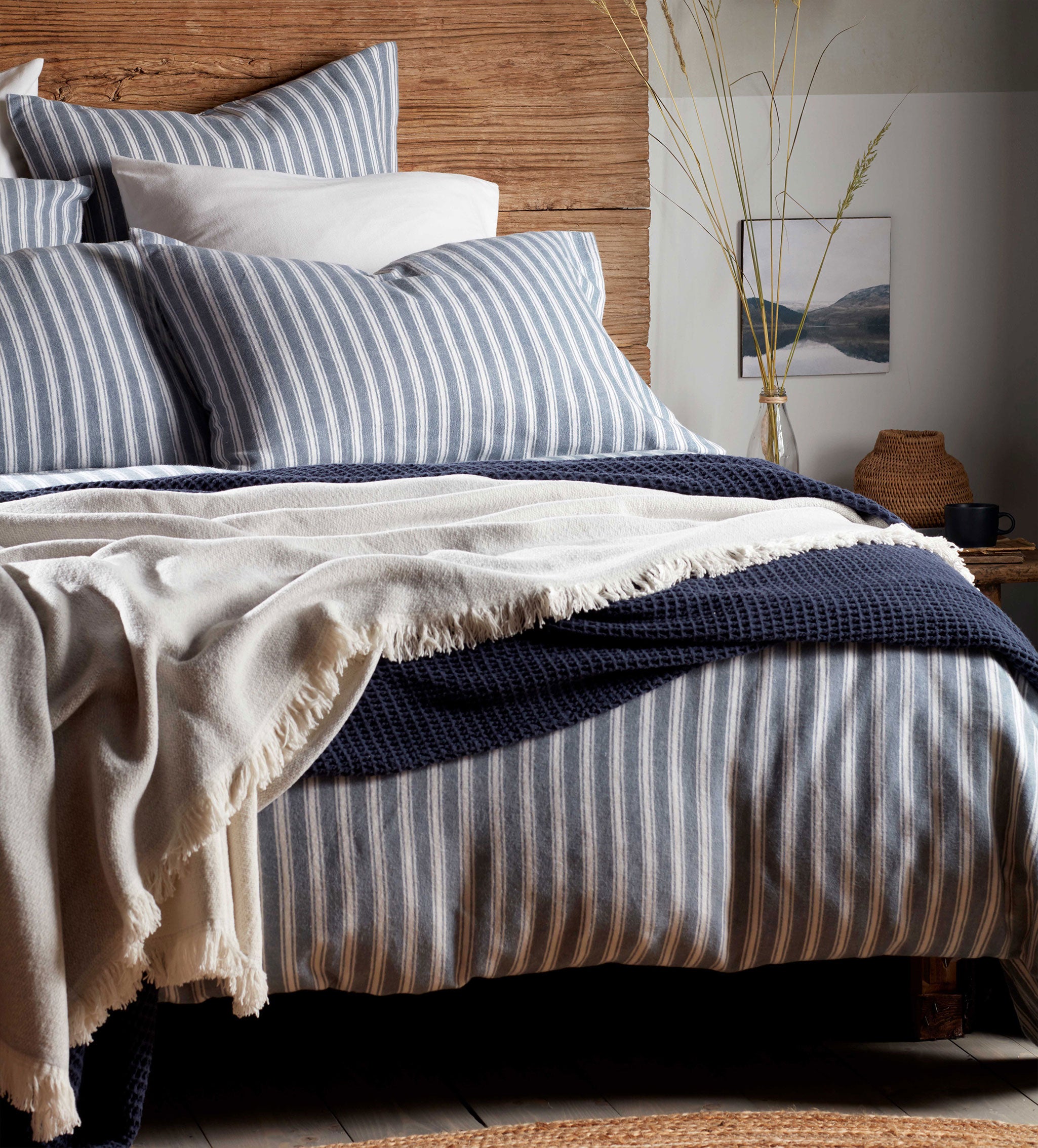 Premium 100% Organic Cotton Fitted Sheet - French Blue Fred Stripe Design | Soft Brushed Fabric for Ultimate Comfort | Perfect for Master Bedroom, Guest Room & Dorm Essentials