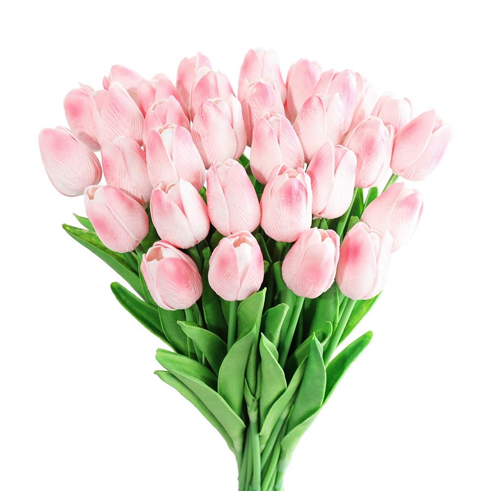 Kisflower 30Pcs Real Touch Pink Artificial Tulips - Lifelike Fake Flowers Bouquet for Home, Office, Wedding, Party & Event Decorations (Pink) - Perfect for Centerpieces, Table Arrangements & DIY Floral Projects