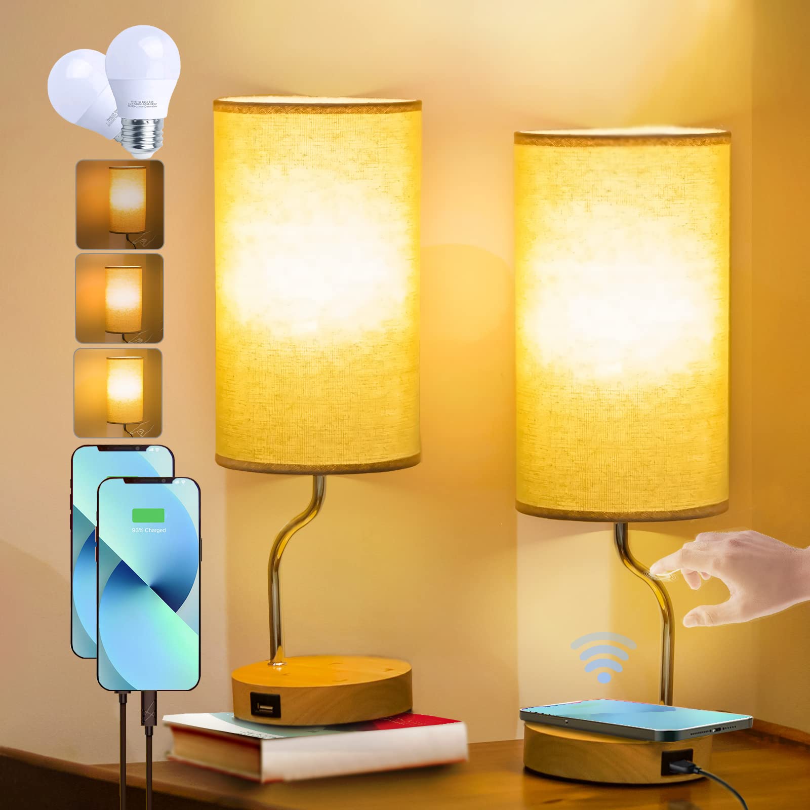 Set of 2 Modern Wooden Nightstand Lamps with Wireless Charger & USB Port - Touch Control Bedside Lighting for Bedroom & Living Room - Perfect for Reading, Charging Devices & Home Decor
