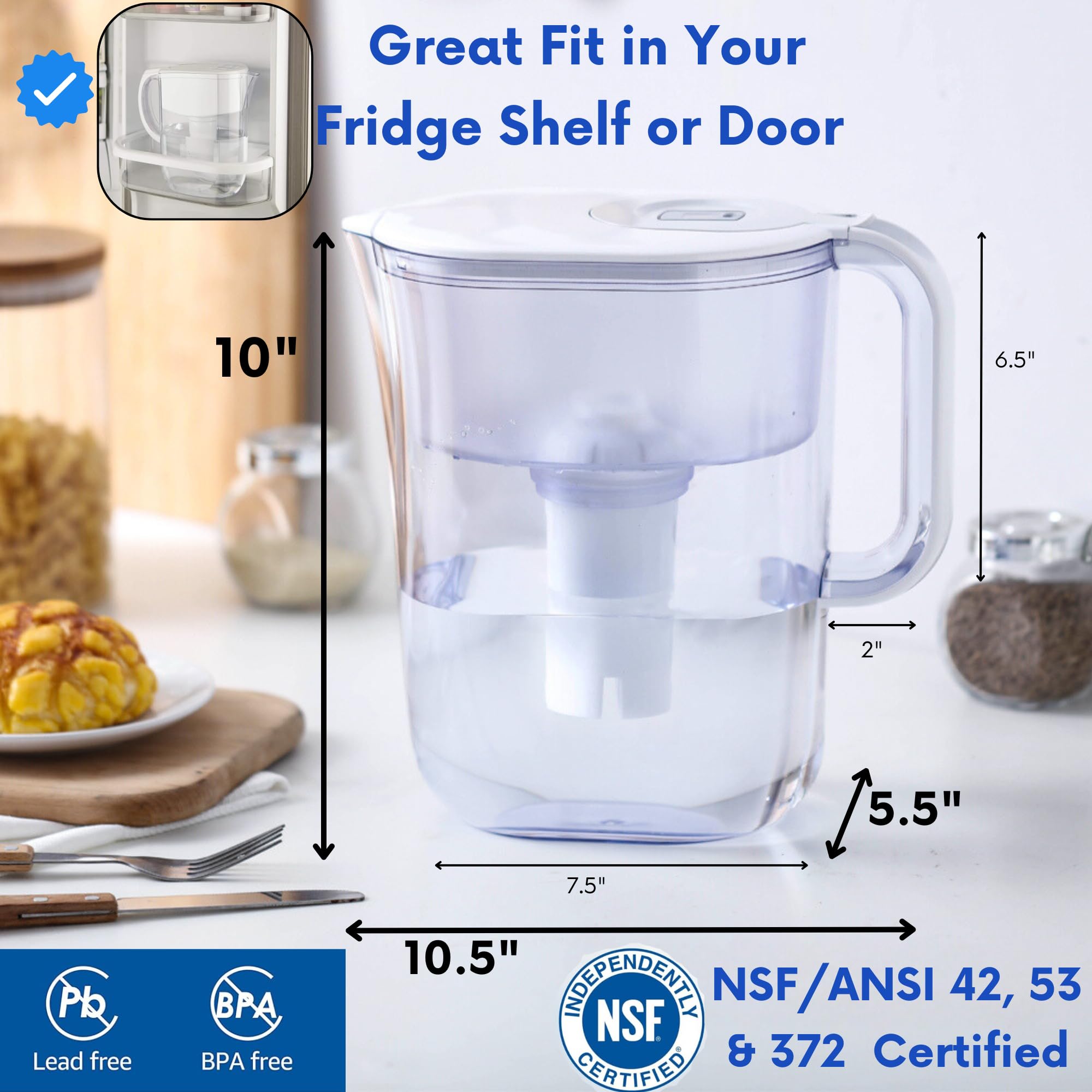 10-Cup Water Filter Pitcher with 5 Replacement Filters & Smart Electronic Filter Change Reminder - Brita-Compatible Water Pitcher Replacement - Perfect for Home, Office, and Travel Use