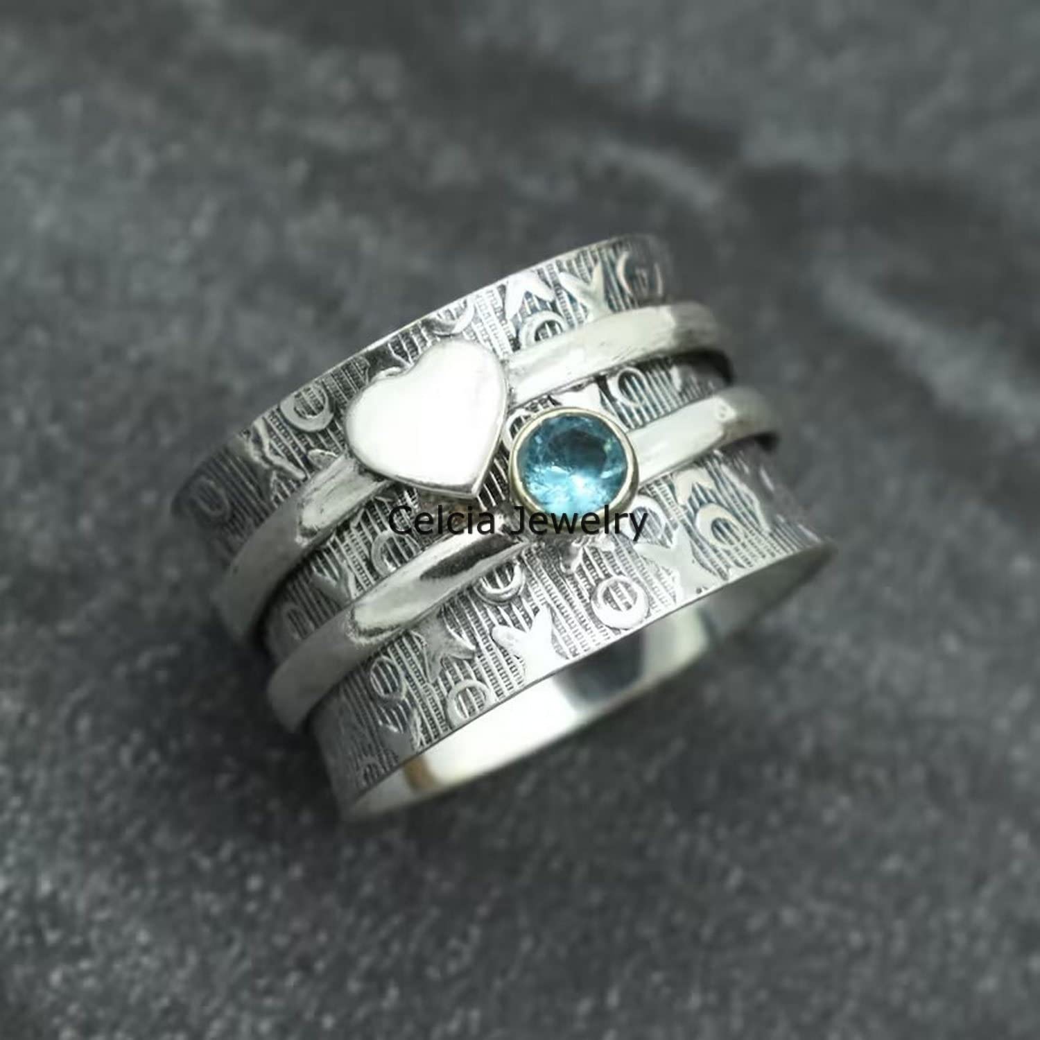 Blue Topaz Gemstone Heart Spinner Ring - Love, Meditation & Fidget Ring for Women & Men | Unique November Birthstone Gift | US Size 7 | Perfect for Stress Relief, Wedding Gifts & Birthday Presents