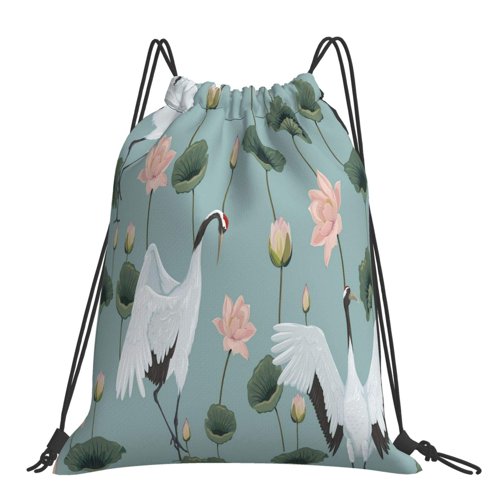 Wozukia Japanese Cranes Drawstring Backpack - Watercolor Blue with Pink Flowers & Green Leaves Design, Lightweight Large Capacity Gym Bag for Travel, Sports, Shopping & Beach | Perfect for School, Workouts and Outdoor Activities