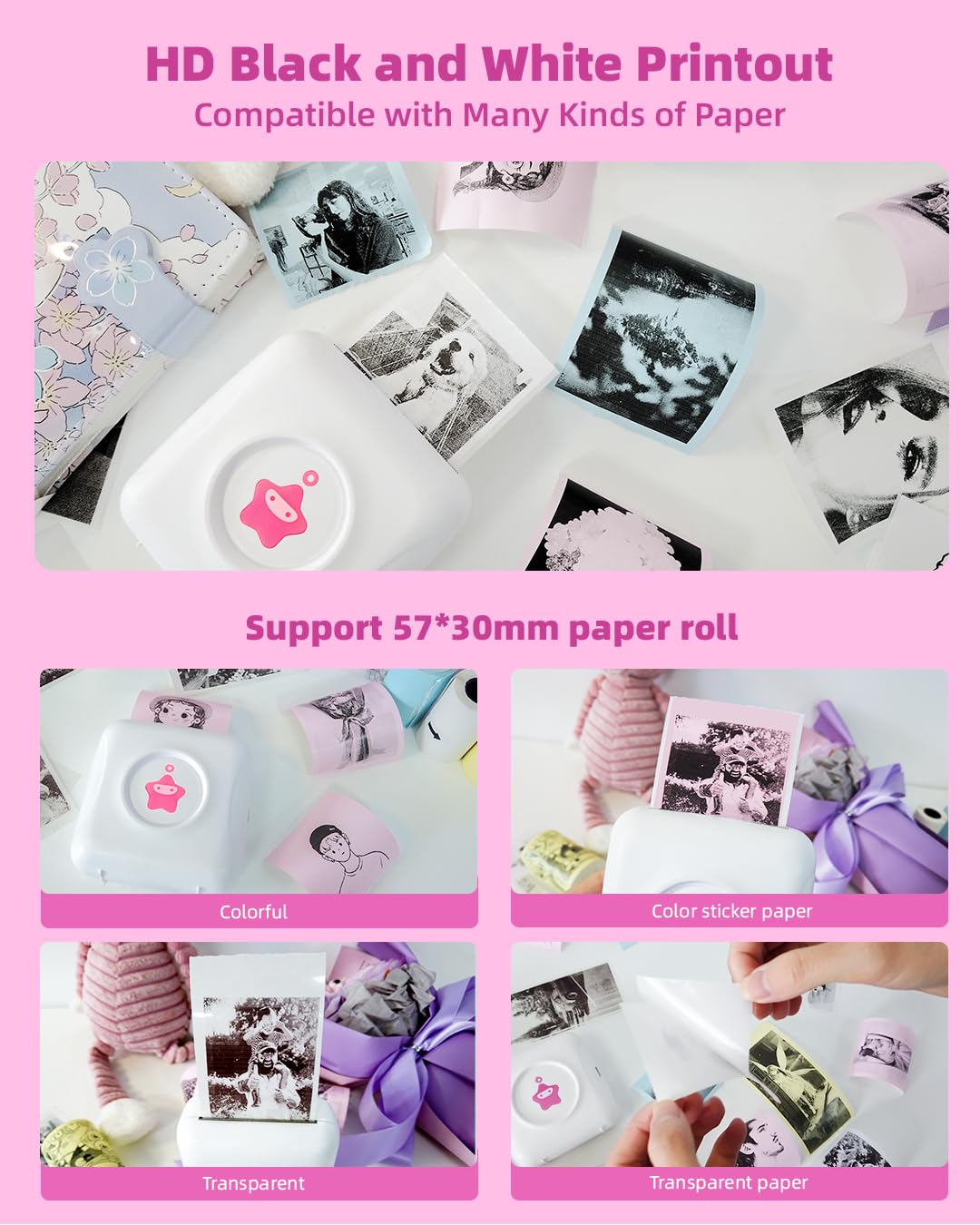 Portable Mini Bluetooth Mobile Printer - Wireless Pocket Photo Printer for iPhone & Android - Compatible with 10 Rolls Paper & Stickers - Perfect for Travel, Office, and Home Use