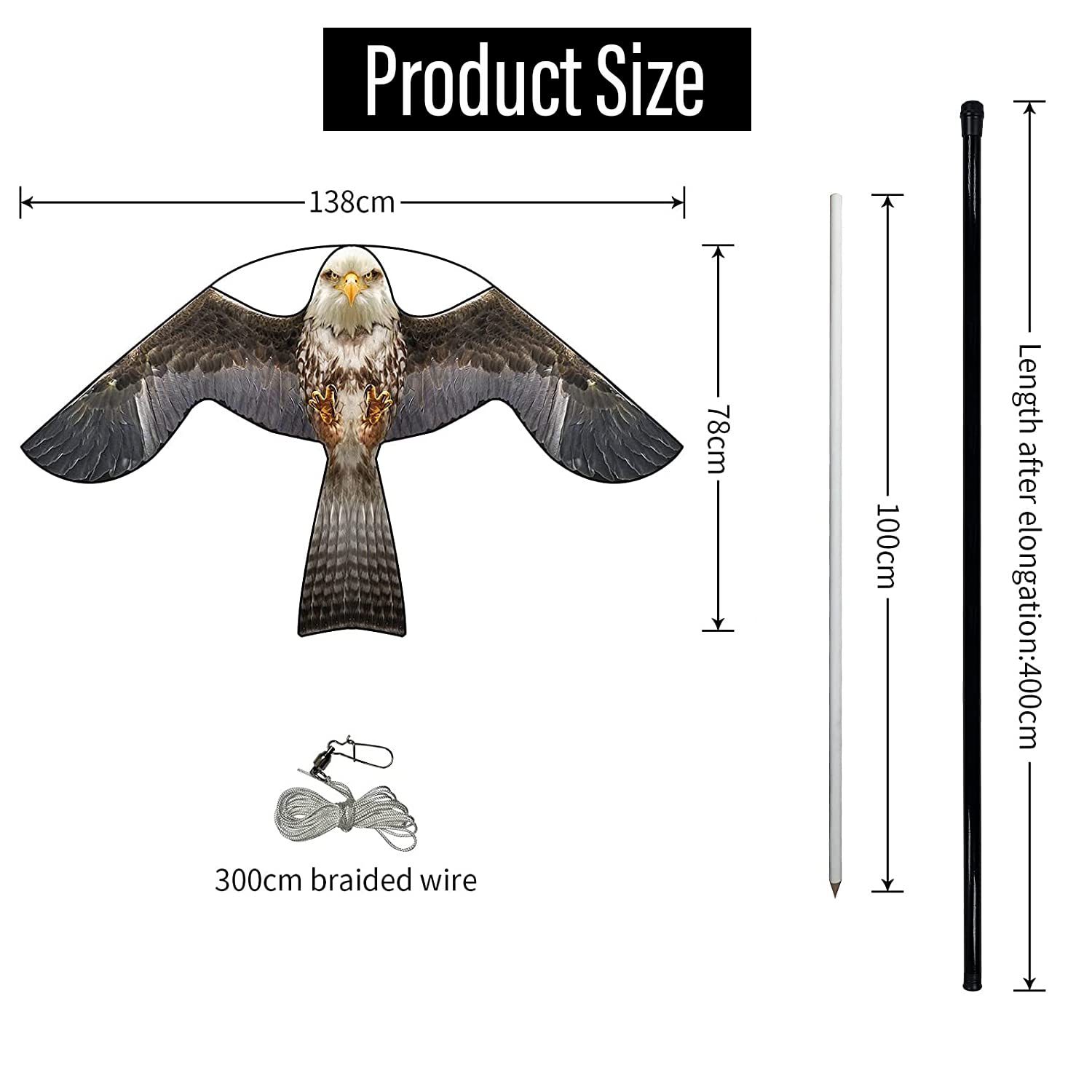 Bird Hawk Flying Kite with 4m Pole - Effective Bird Scarer for Crops & Farm Protection | Durable Garden Pest Control Solution for Fields, Vineyards, and Backyards