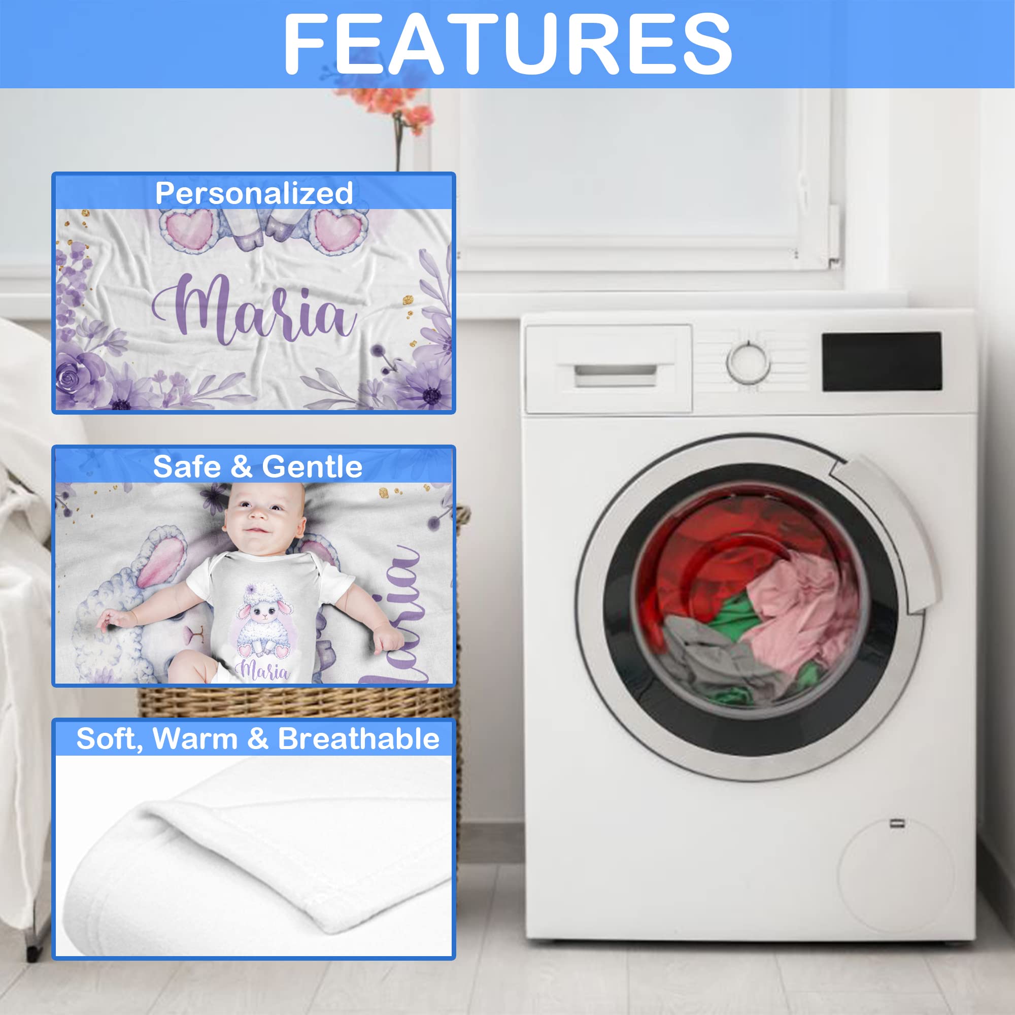 Personalized Baby Girl Blanket with Name - Custom Fleece Blanket 30x40 inches - Soft Cute Sheep Design for Newborns, Nursery, Christening & Photo Props - Perfect Baby Shower Gift for Girls