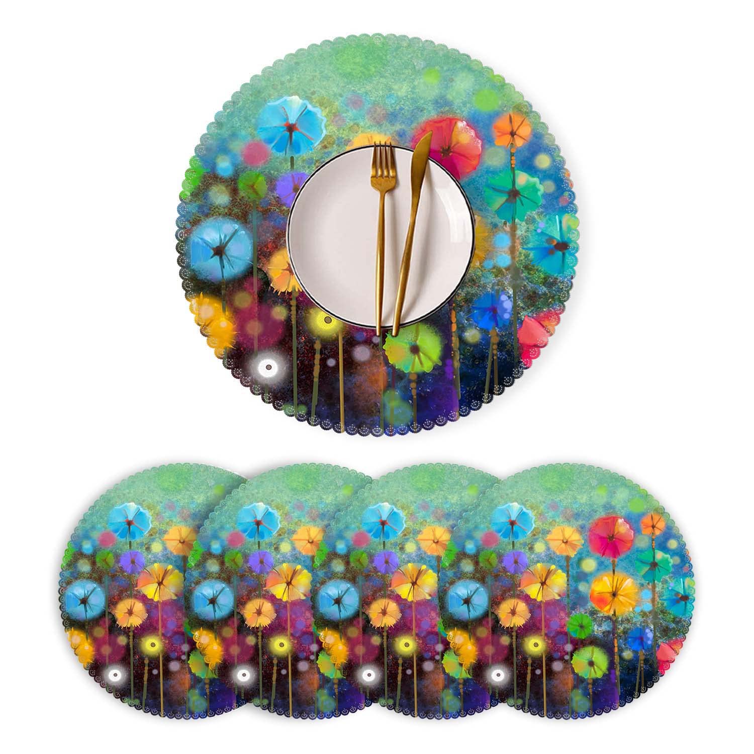 Round Heat-Resistant Washable Polyester Placemats Set of 4 - Abstract Flower Design for Kitchen & Dining Table Decor | Perfect for Everyday Meals, Dinner Parties, and Holiday Gatherings