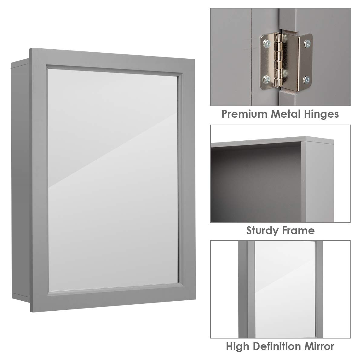 Tangkula Gray Mirrored Bathroom Wall Cabinet - Single Door Medicine Storage Cabinet with Mirror for Bathroom Organization | Perfect for Small Spaces, Vanity & Makeup Storage