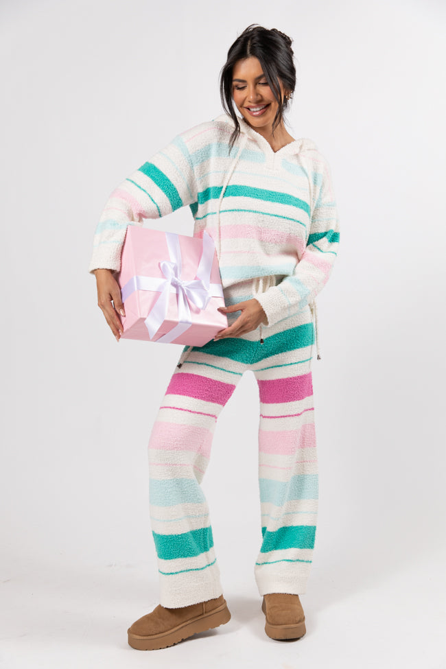 Heart On The Line Multi-Striped Fuzzy Hoodie for Women - Cozy Winter Pullover Sweatshirt | Perfect for Casual Outfits, Lounge Wear & Cold Weather Fashion