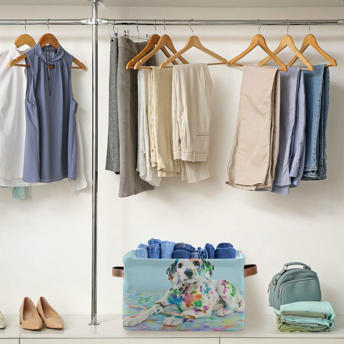 QMXO Collapsible Canvas Storage Basket with PU Leather Handles - Watercolor Dalmatian Puppy Design for Toys, Clothes & Home Organization | Perfect for Wardrobe, Closet & Shelf Organizer