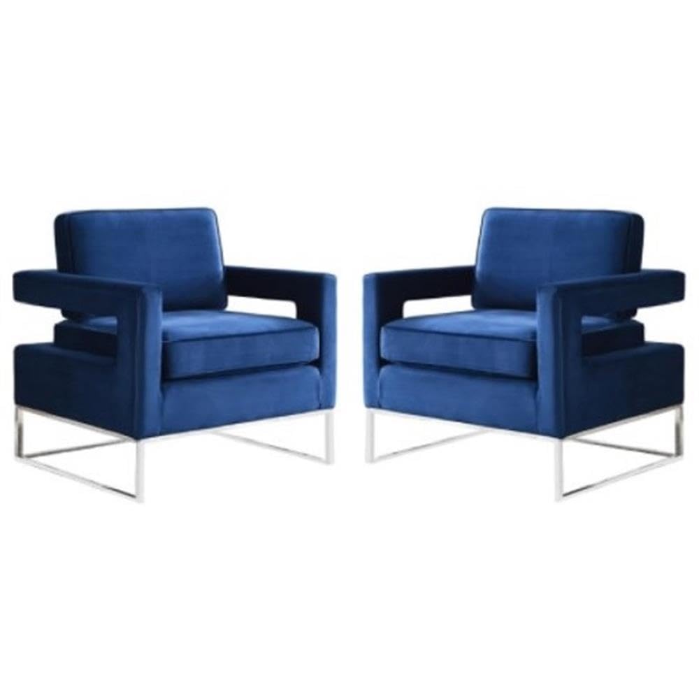 Luxury Navy Blue Velvet Accent Chairs Set of 2 with Chrome Metal Base - Modern Upholstered Living Room Furniture for Home, Office & Lounge Decor
