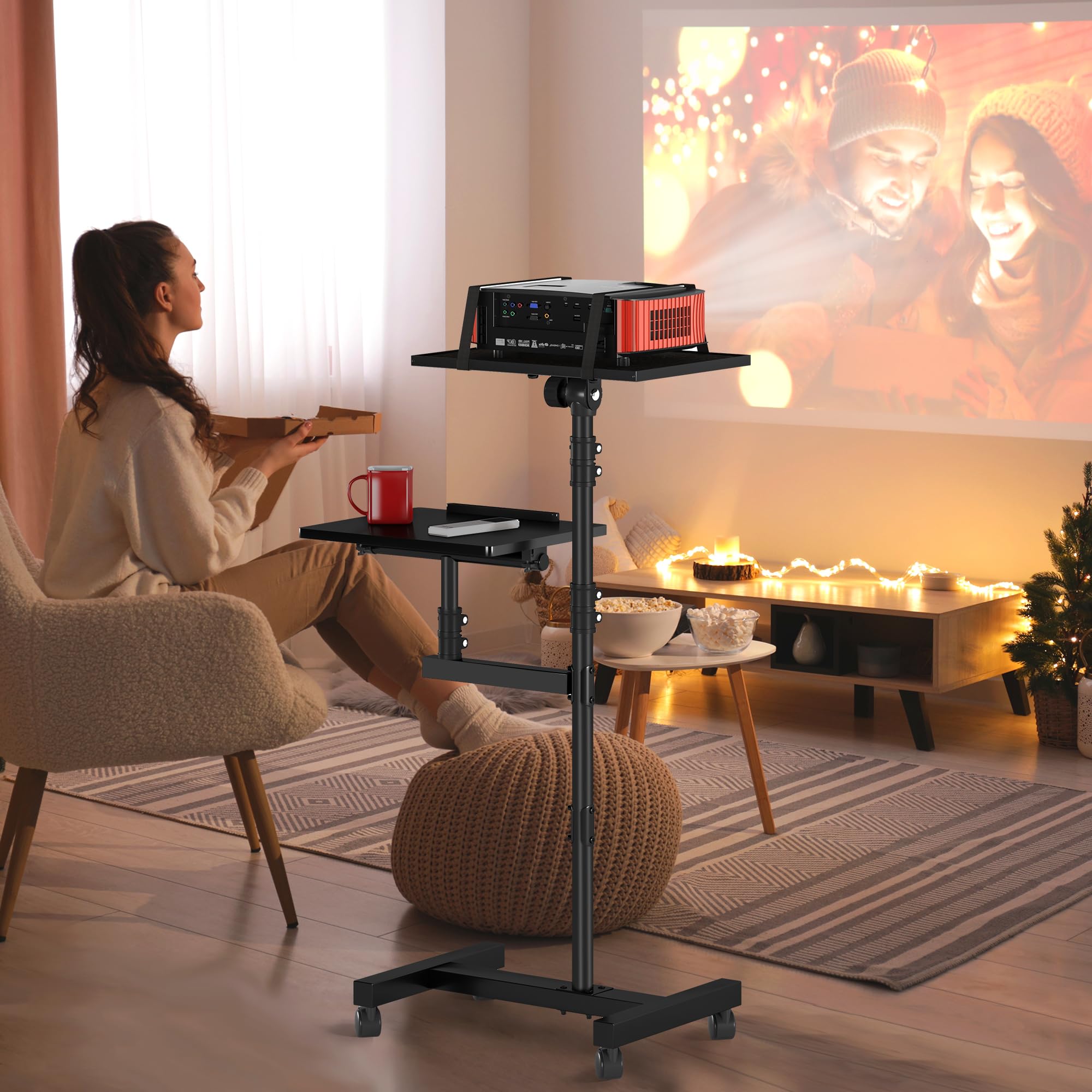 Adjustable Height Projector Stand Tripod with 2 Shelves - Mobile Rolling Desk Cart on Wheels (45